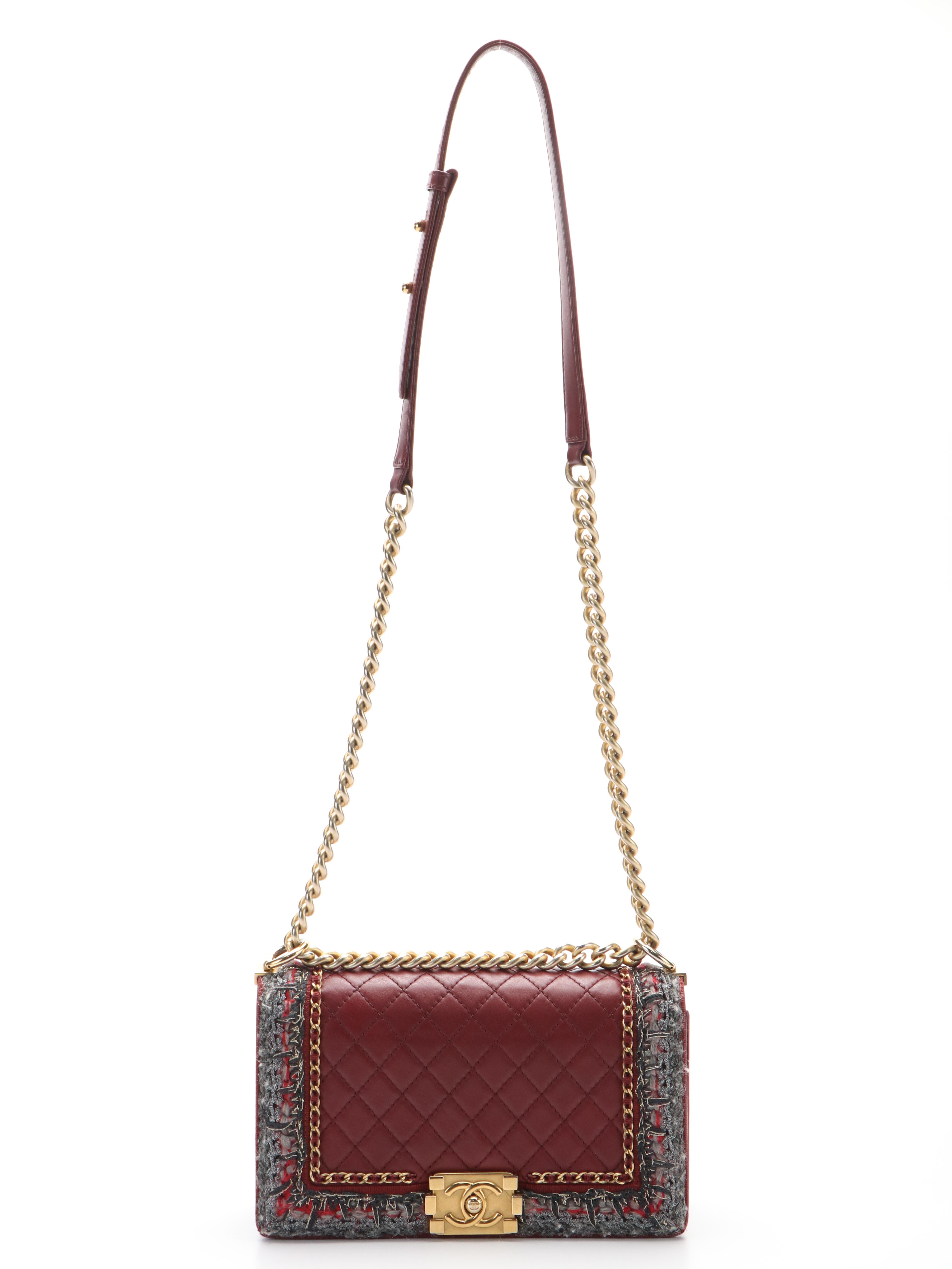 Chanel Boy Bag in Jacket Tweed and Burgundy Calfskin Leather