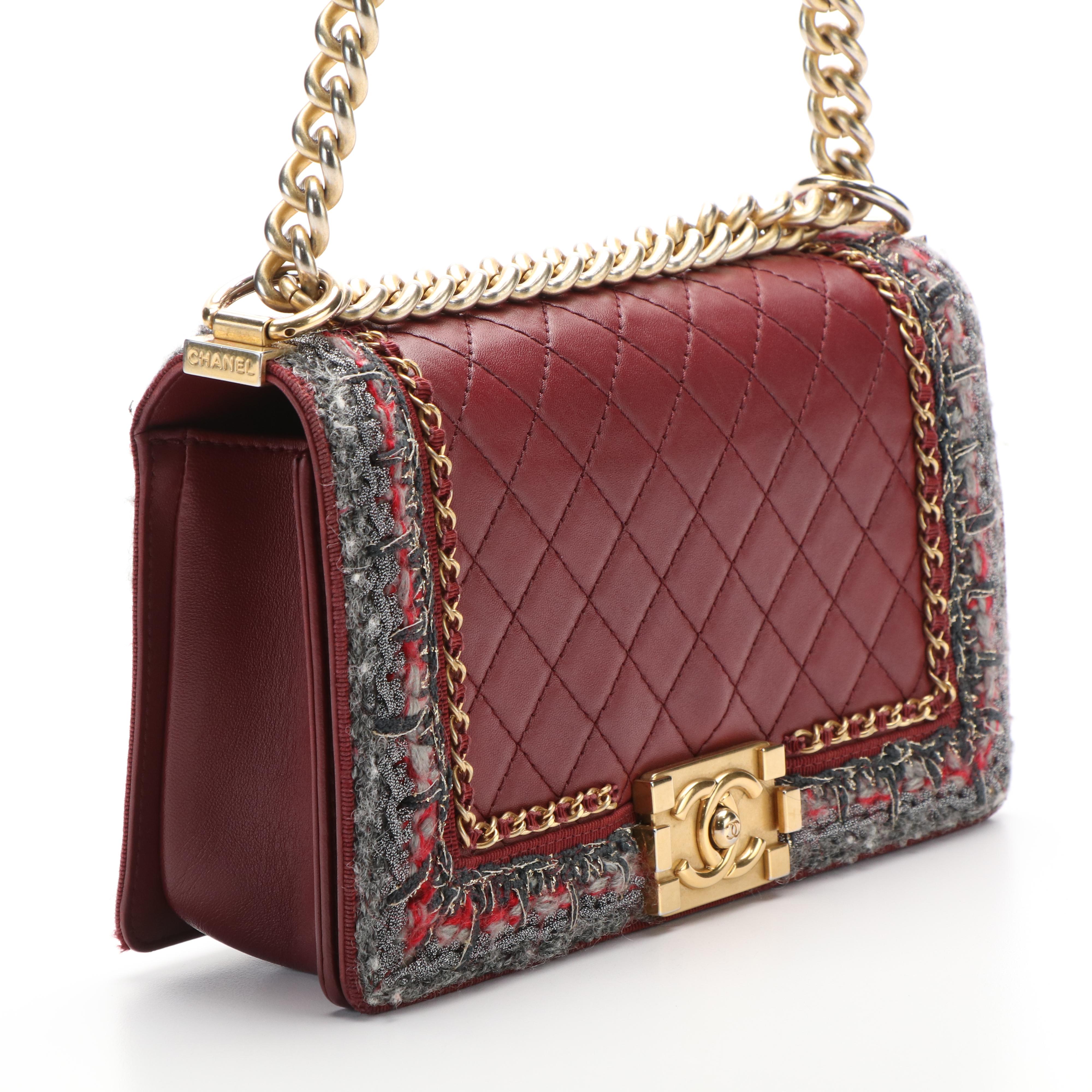 Chanel Boy Bag in Jacket Tweed and Burgundy Calfskin Leather