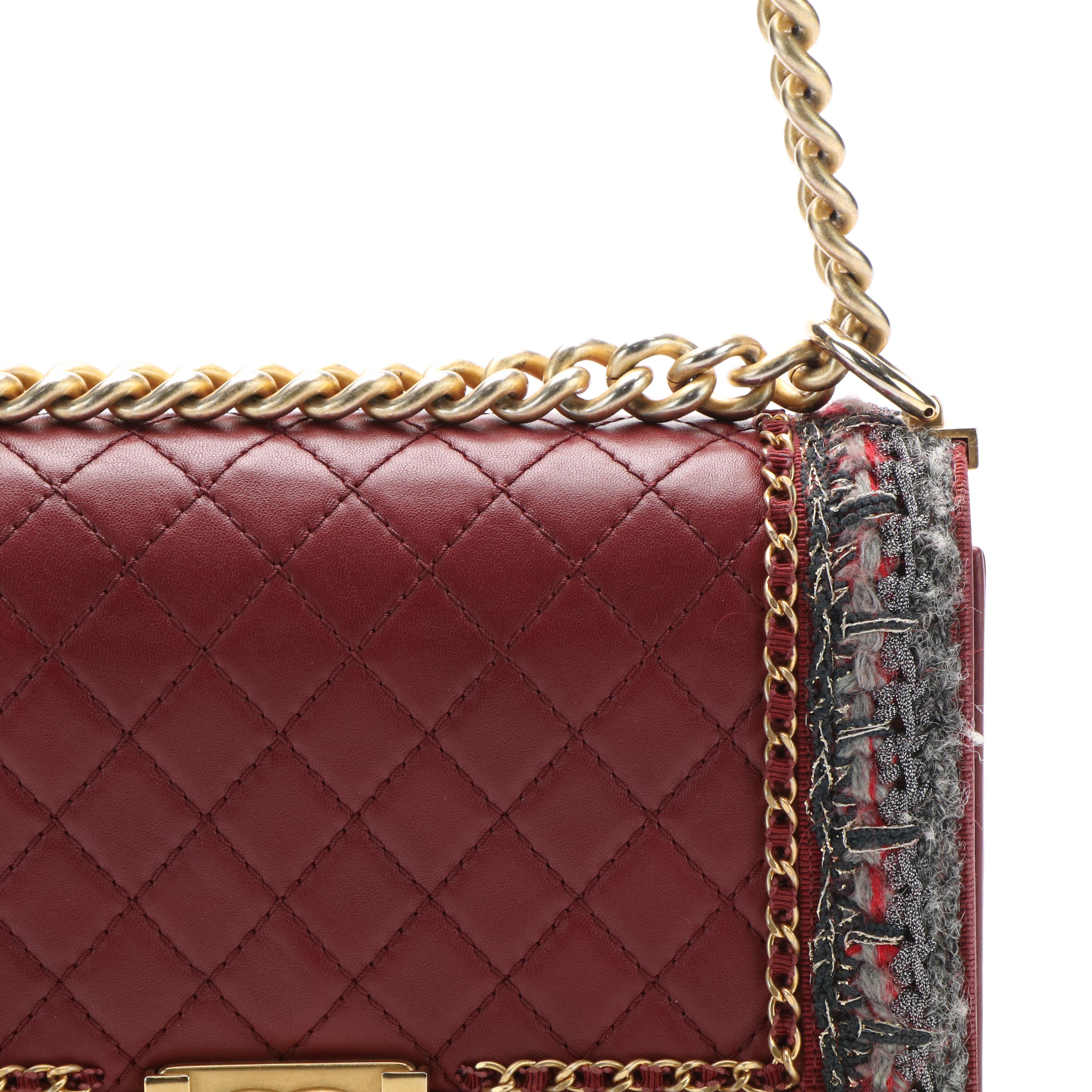 Chanel Boy Bag in Jacket Tweed and Burgundy Calfskin Leather