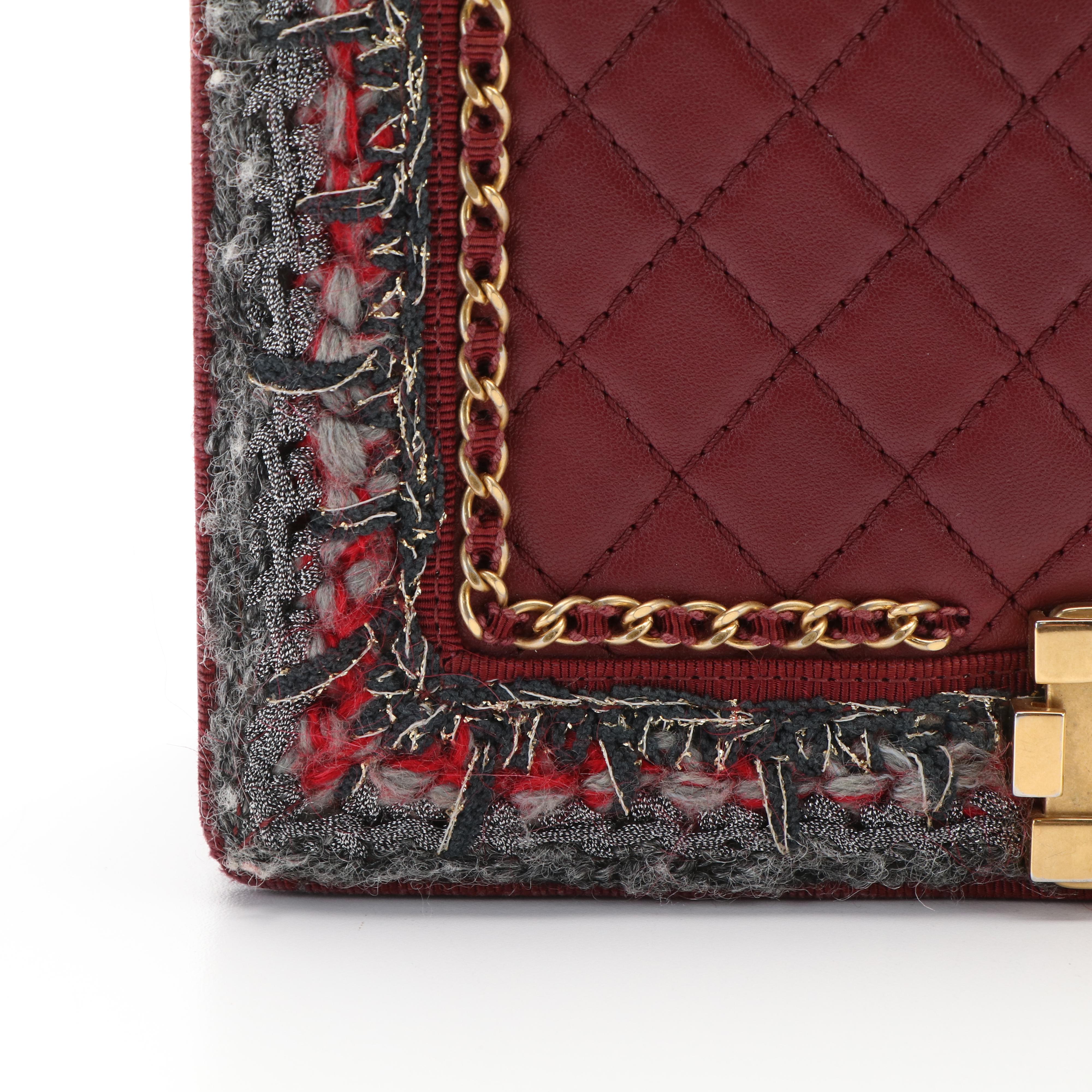 Chanel Boy Bag in Jacket Tweed and Burgundy Calfskin Leather