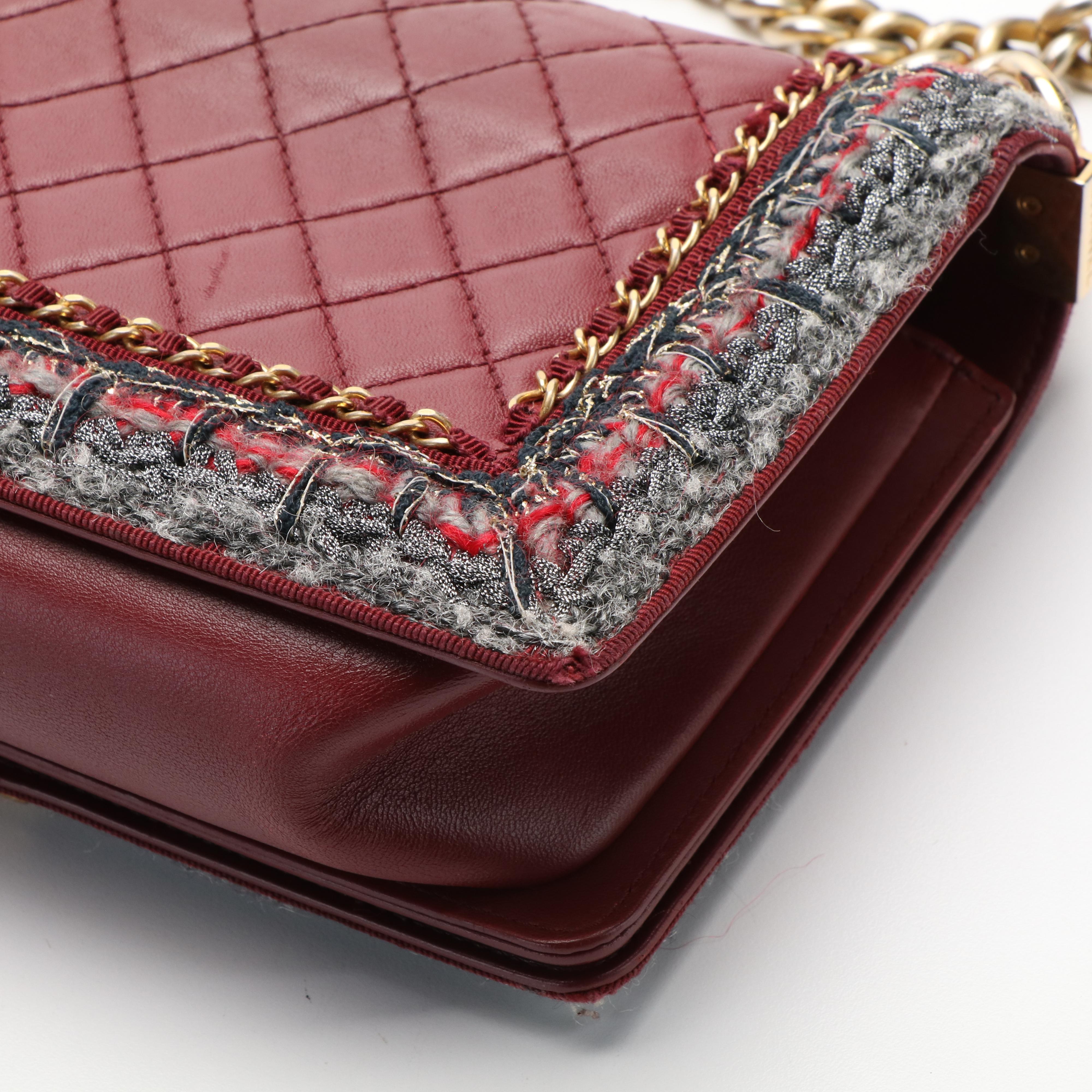 Chanel Boy Bag in Jacket Tweed and Burgundy Calfskin Leather