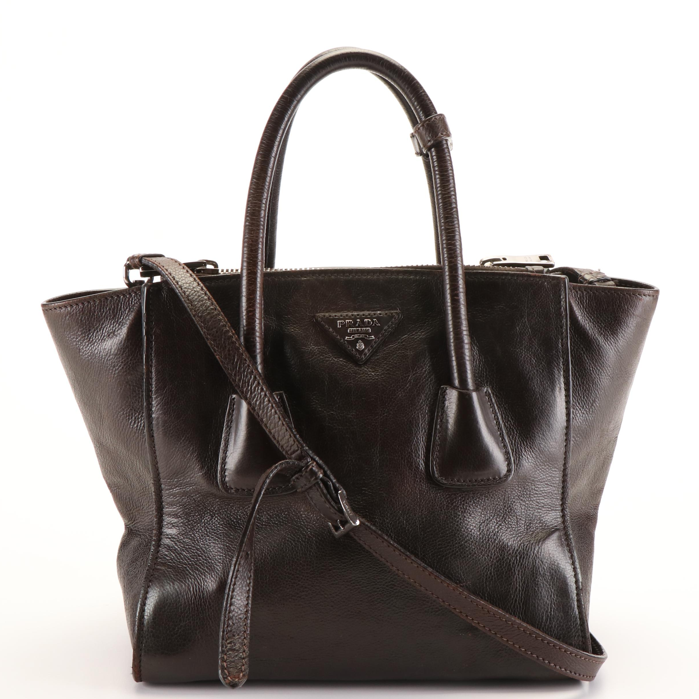 Prada  Glace Calfskin Leather Twin Pocket Double Handle Tote Bag