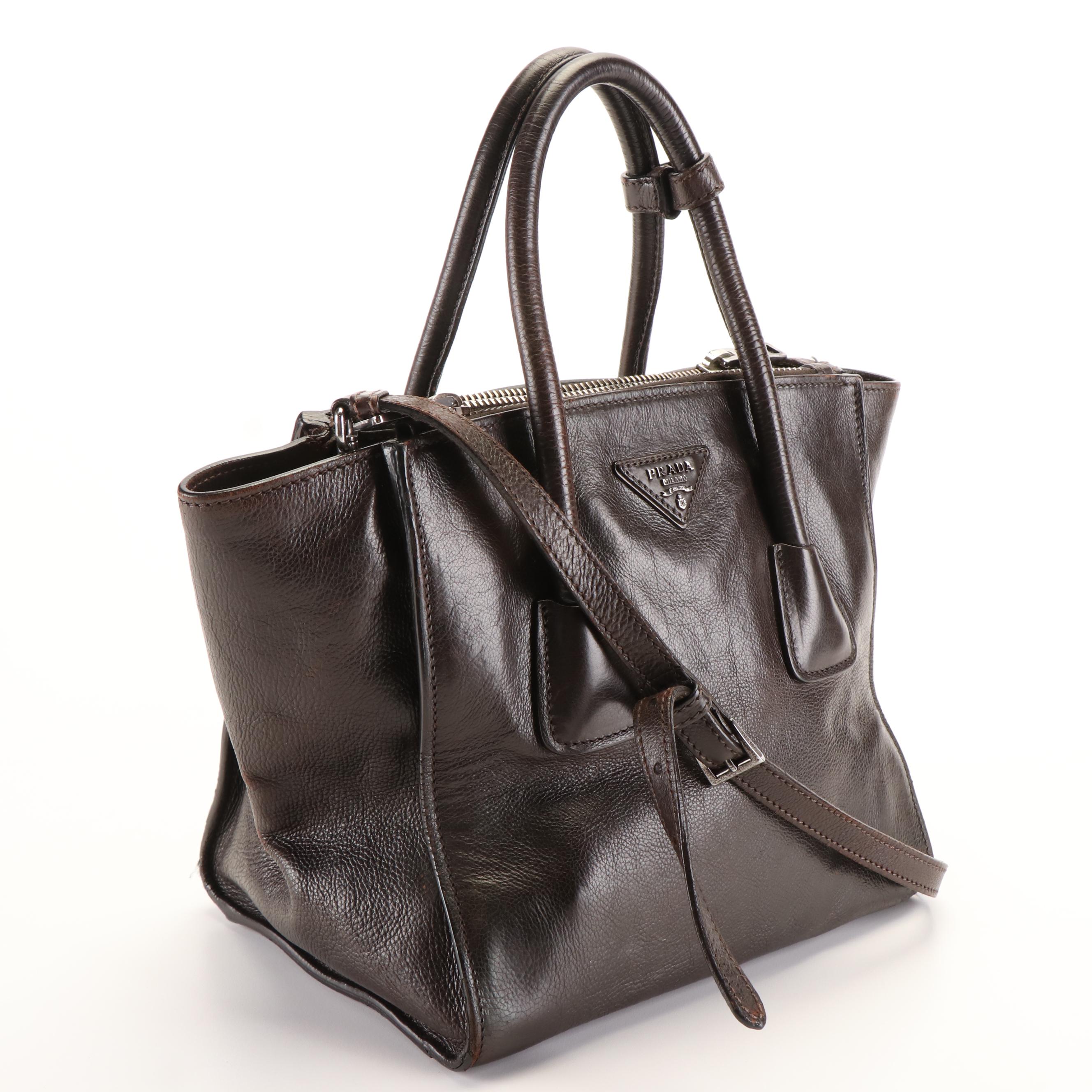 Prada  Glace Calfskin Leather Twin Pocket Double Handle Tote Bag