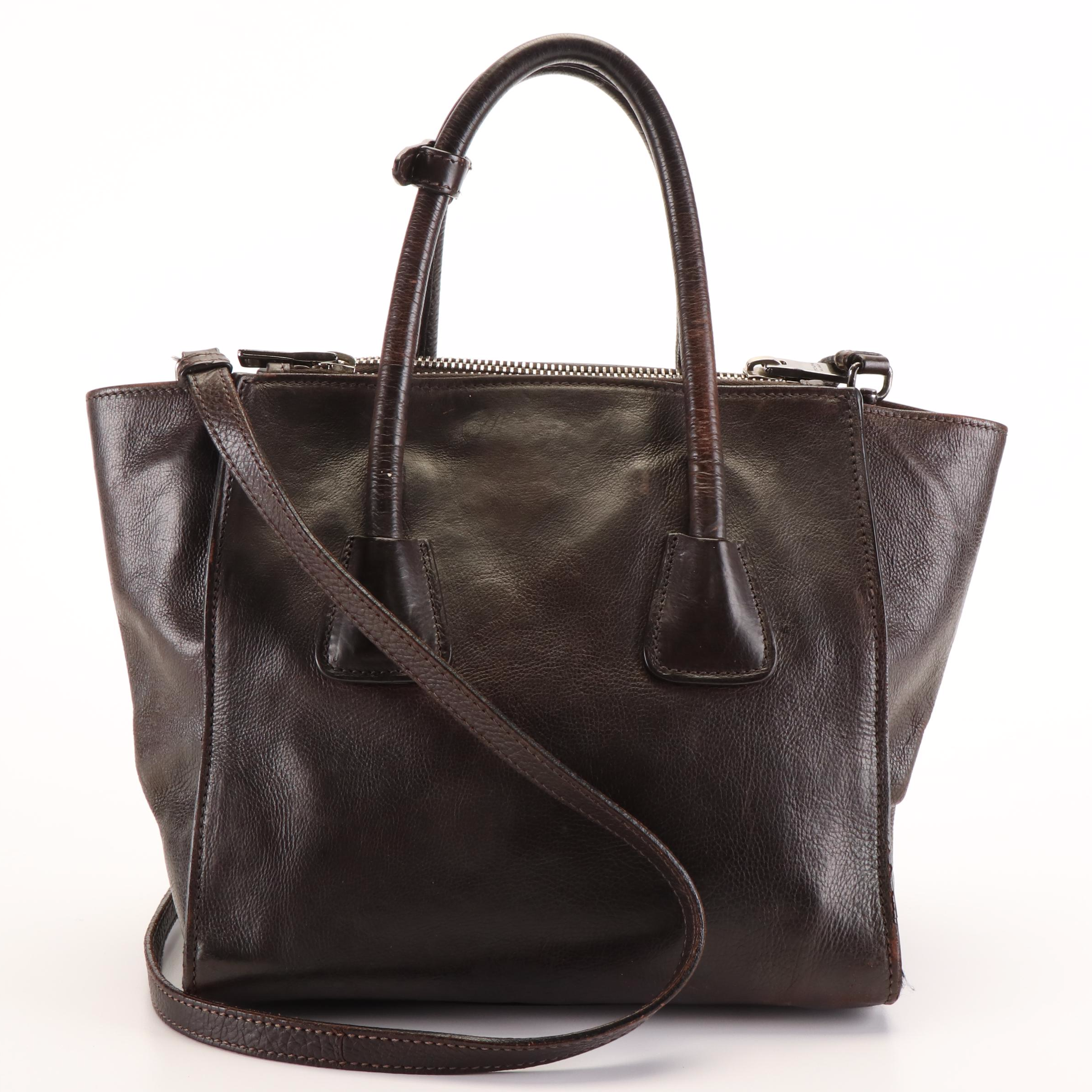 Prada  Glace Calfskin Leather Twin Pocket Double Handle Tote Bag