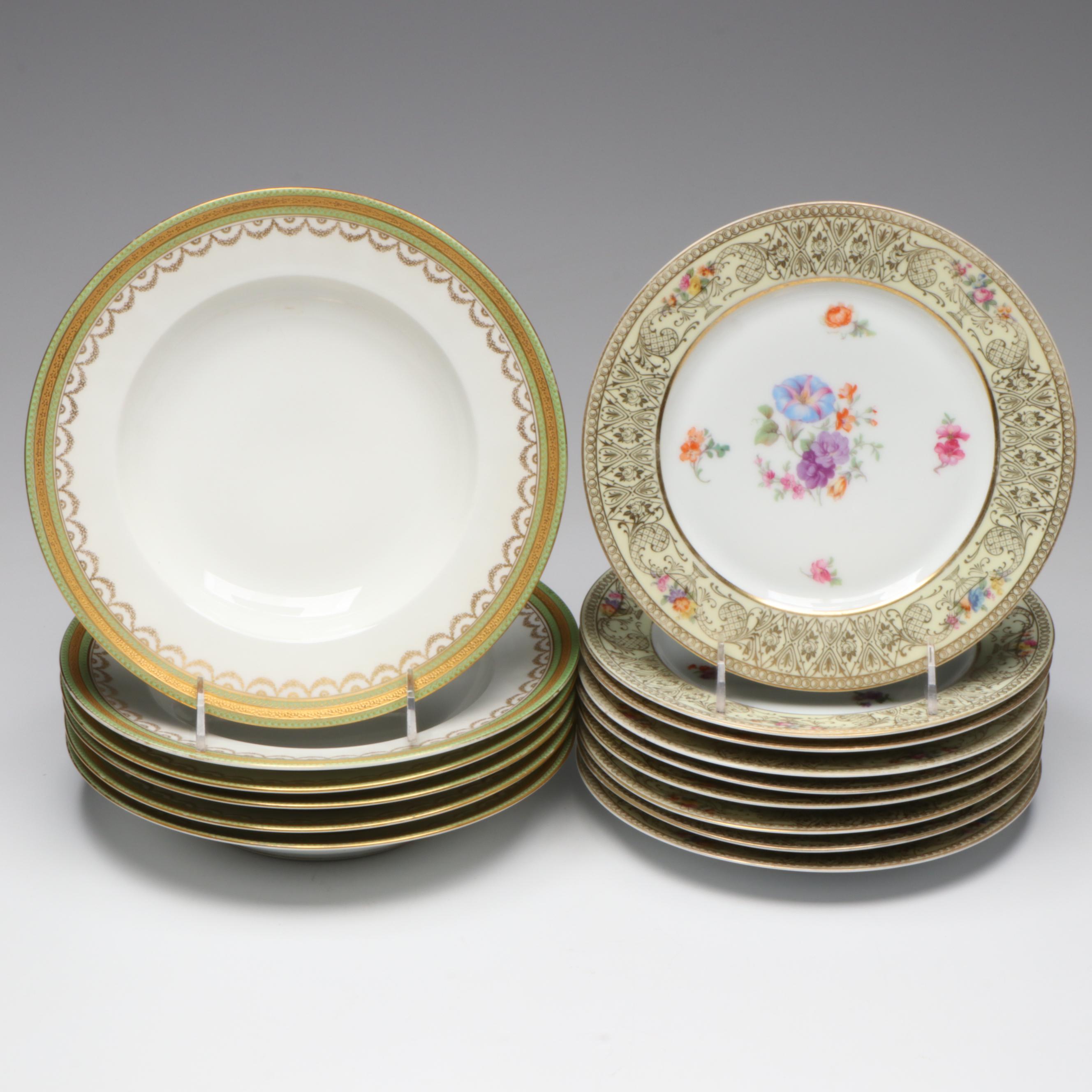 Charles Ahrenfeldt Limoges Rimmed Soup Bowls and Tirschenreuth Porcelain Plates