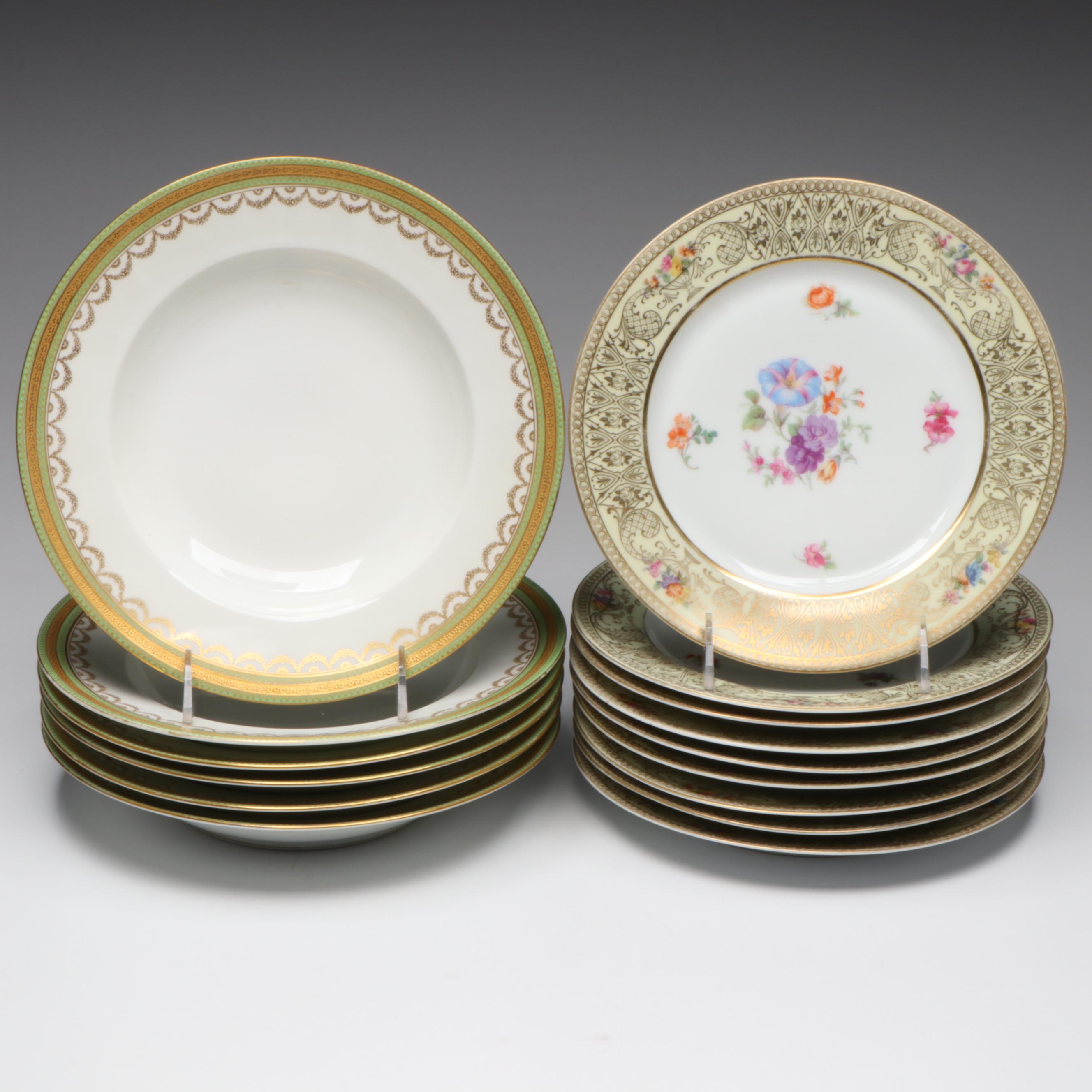Charles Ahrenfeldt Limoges Rimmed Soup Bowls and Tirschenreuth Porcelain Plates