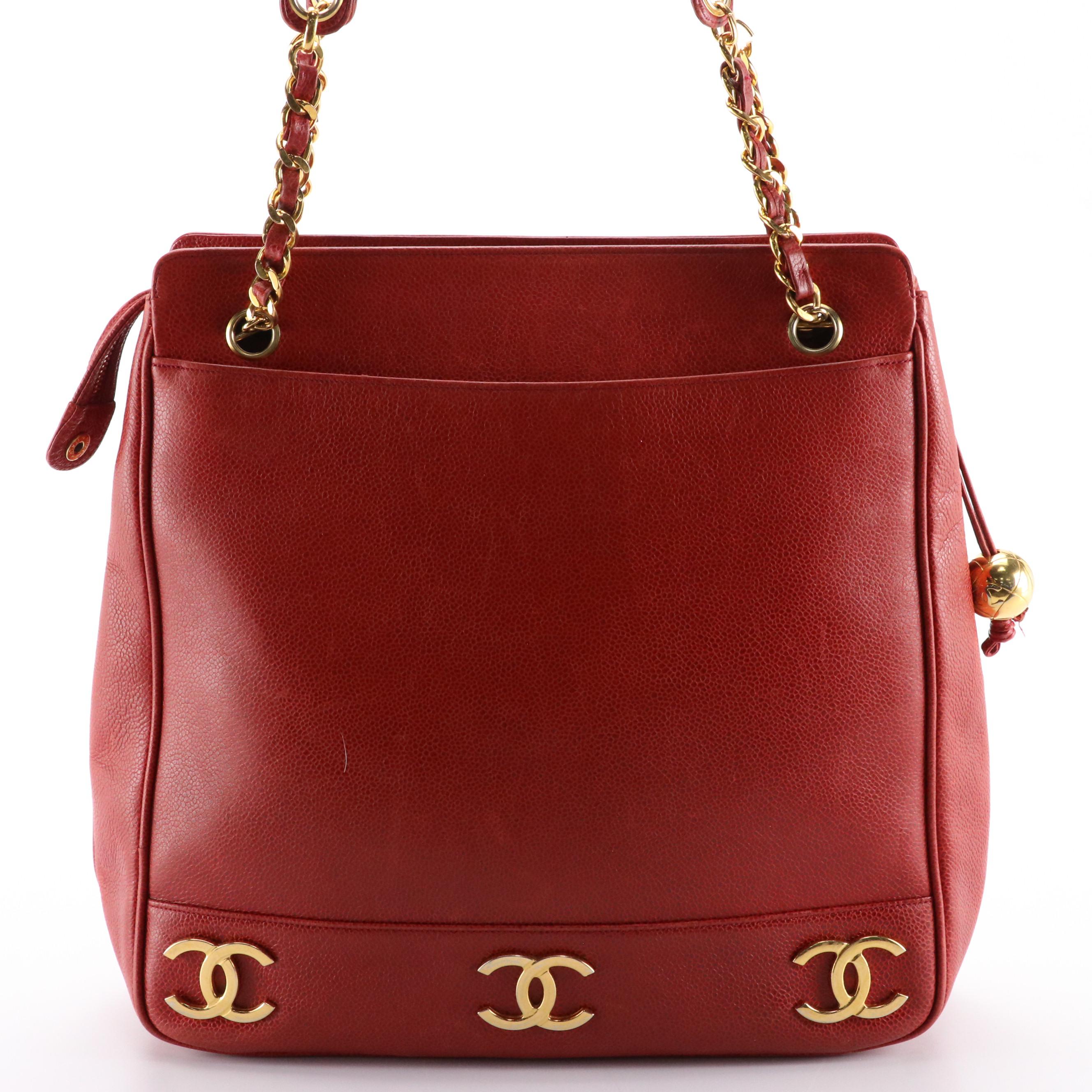 Chanel Red Caviar Leather Triple Coco Tote Bag