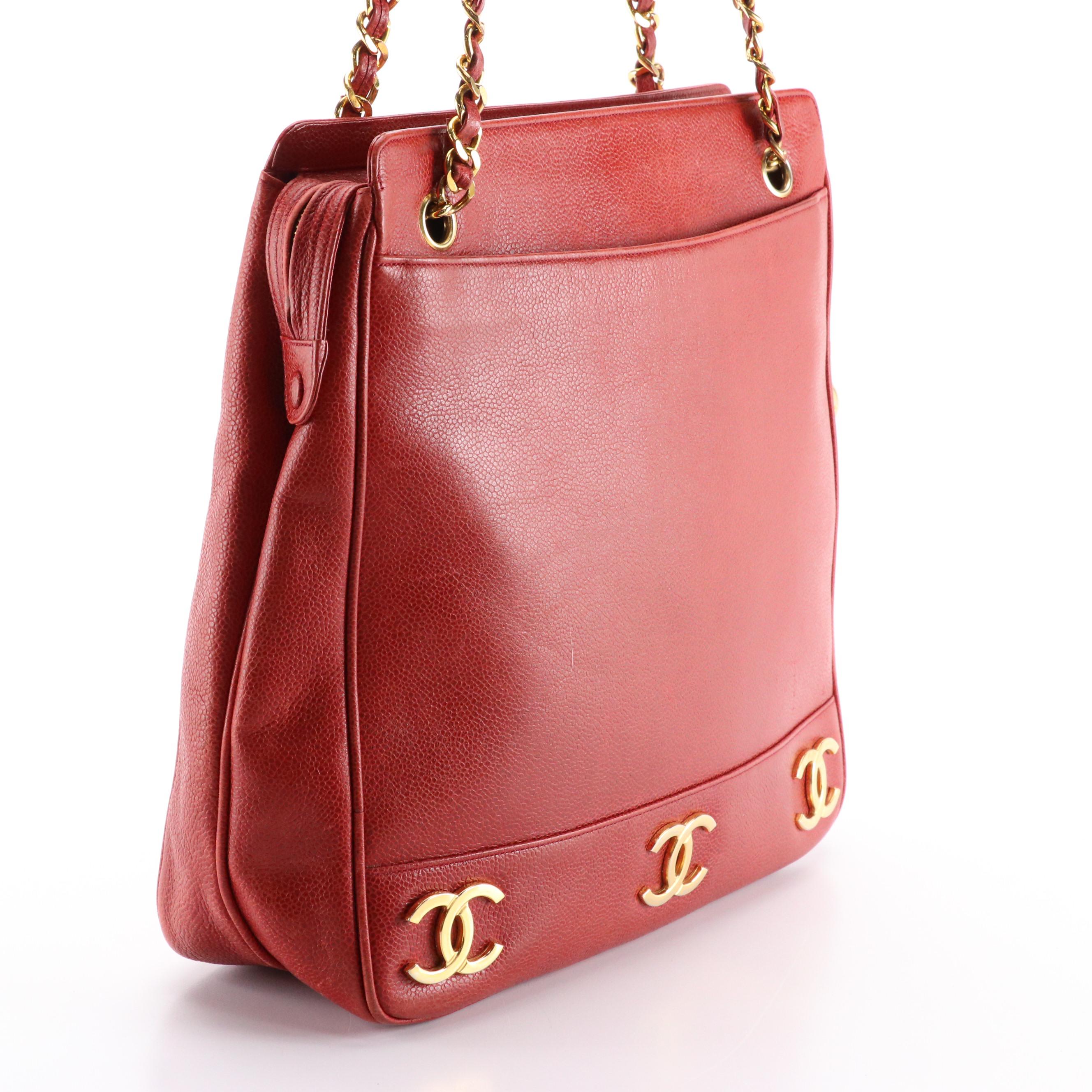 Chanel Red Caviar Leather Triple Coco Tote Bag