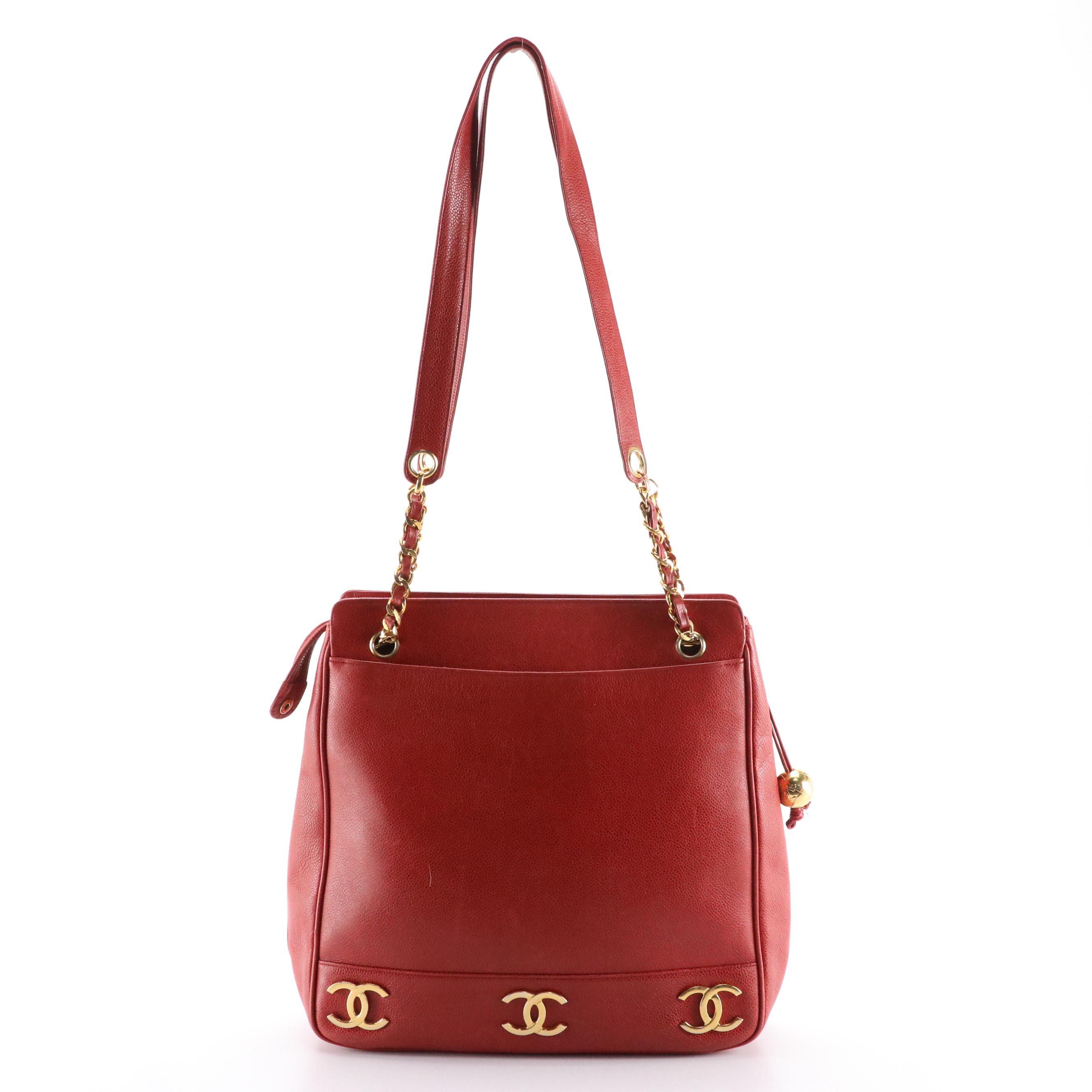 Chanel Red Caviar Leather Triple Coco Tote Bag
