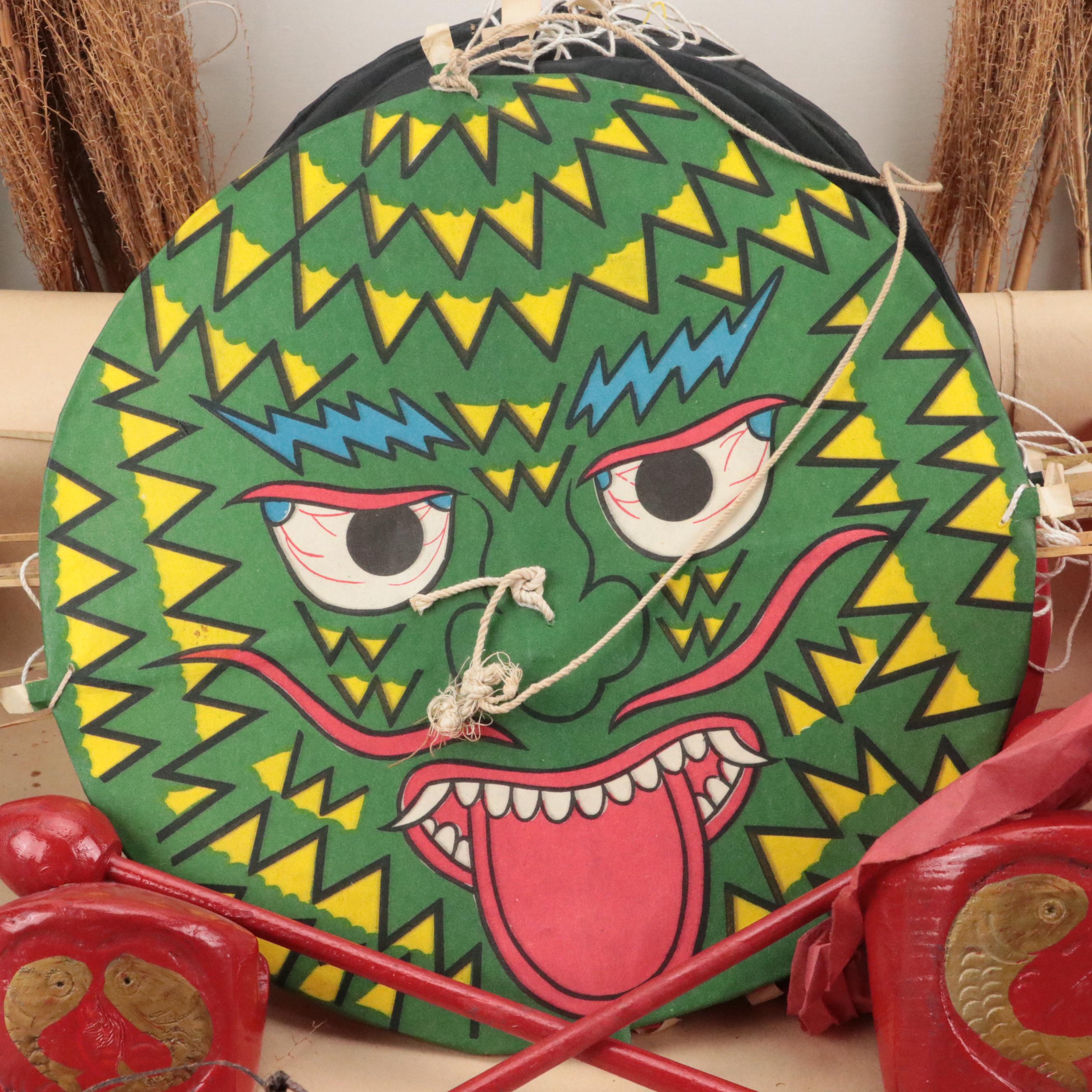 Japanese Paper and Wood Centipede Kite and Chinese Carved Wood Muyu Slit Drums