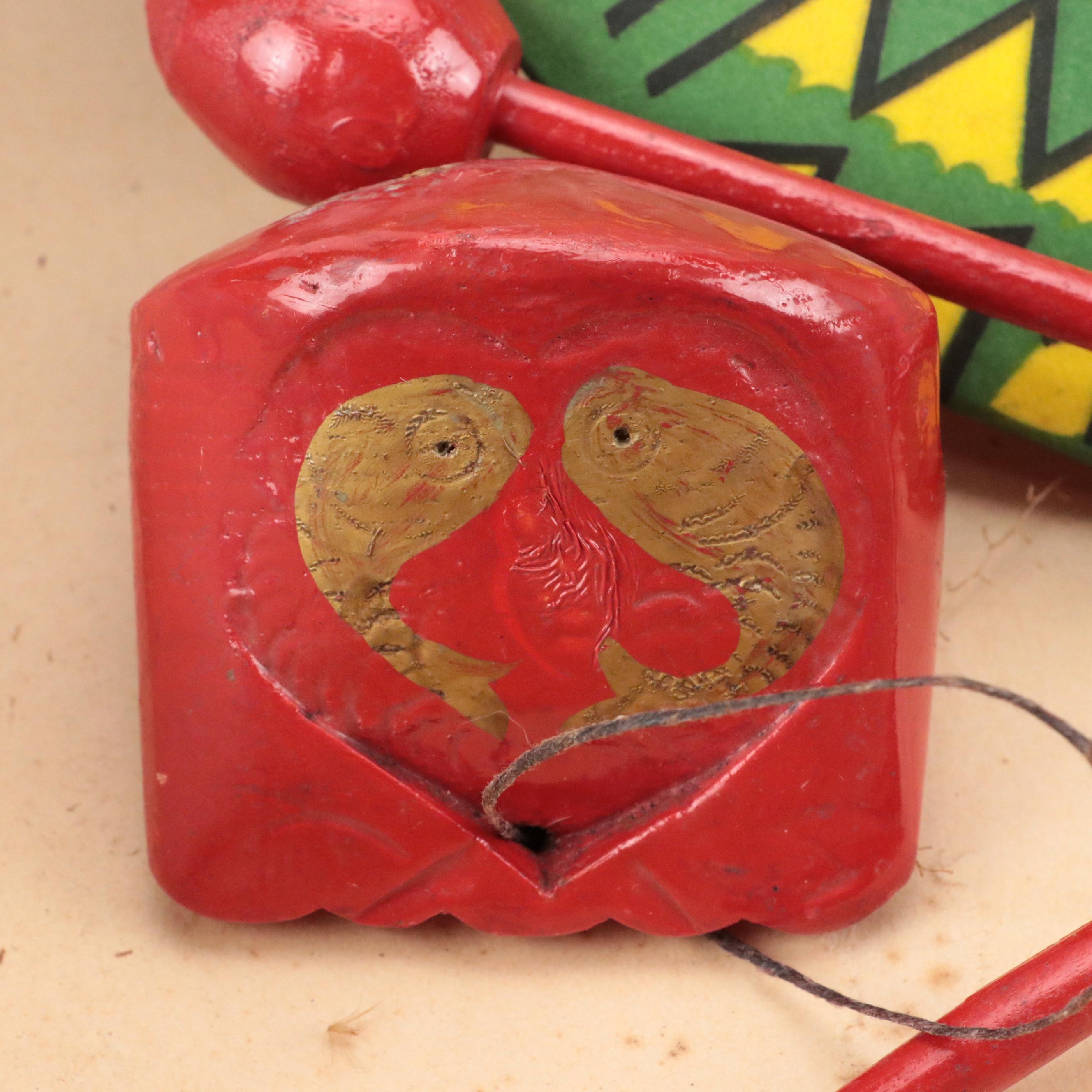 Japanese Paper and Wood Centipede Kite and Chinese Carved Wood Muyu Slit Drums