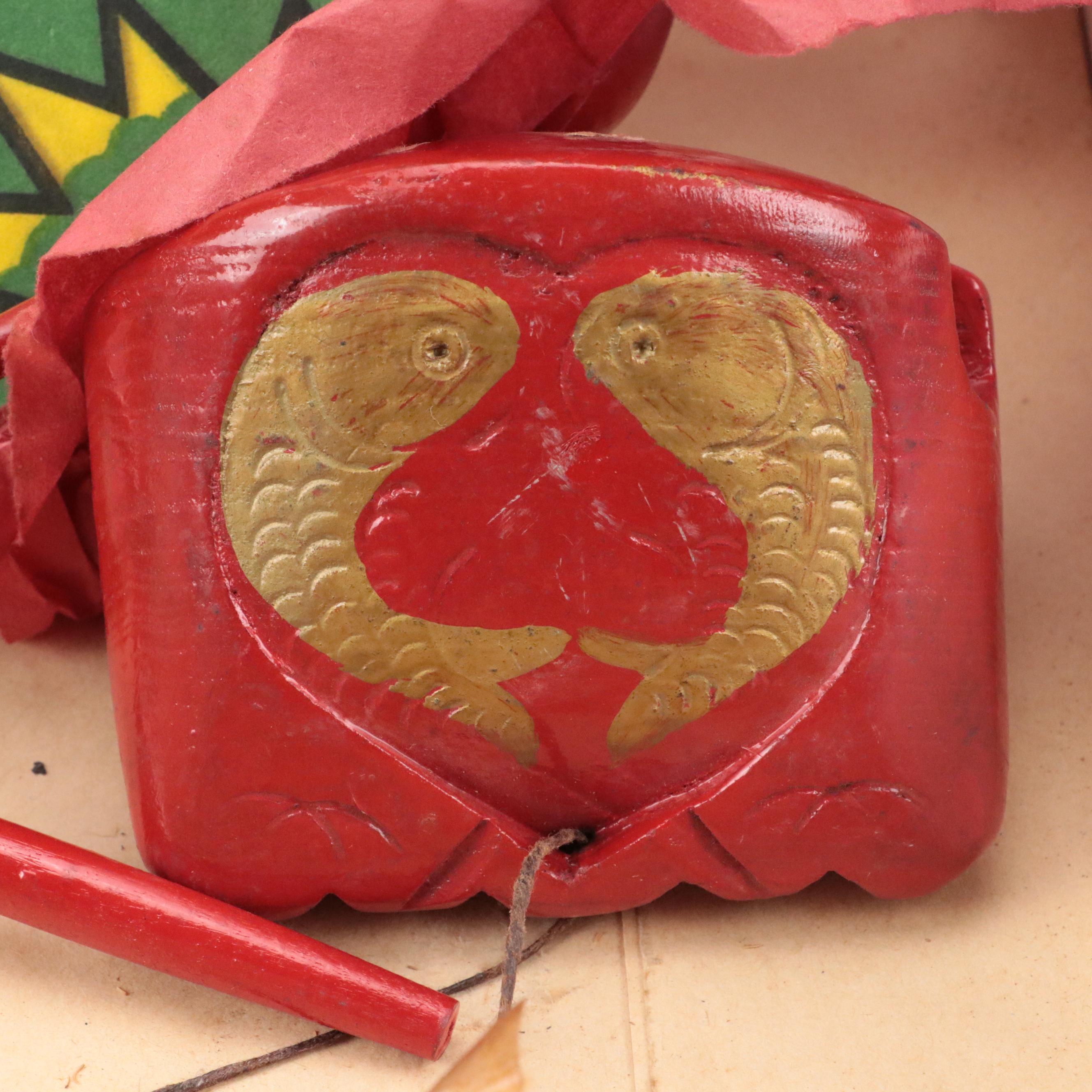 Japanese Paper and Wood Centipede Kite and Chinese Carved Wood Muyu Slit Drums