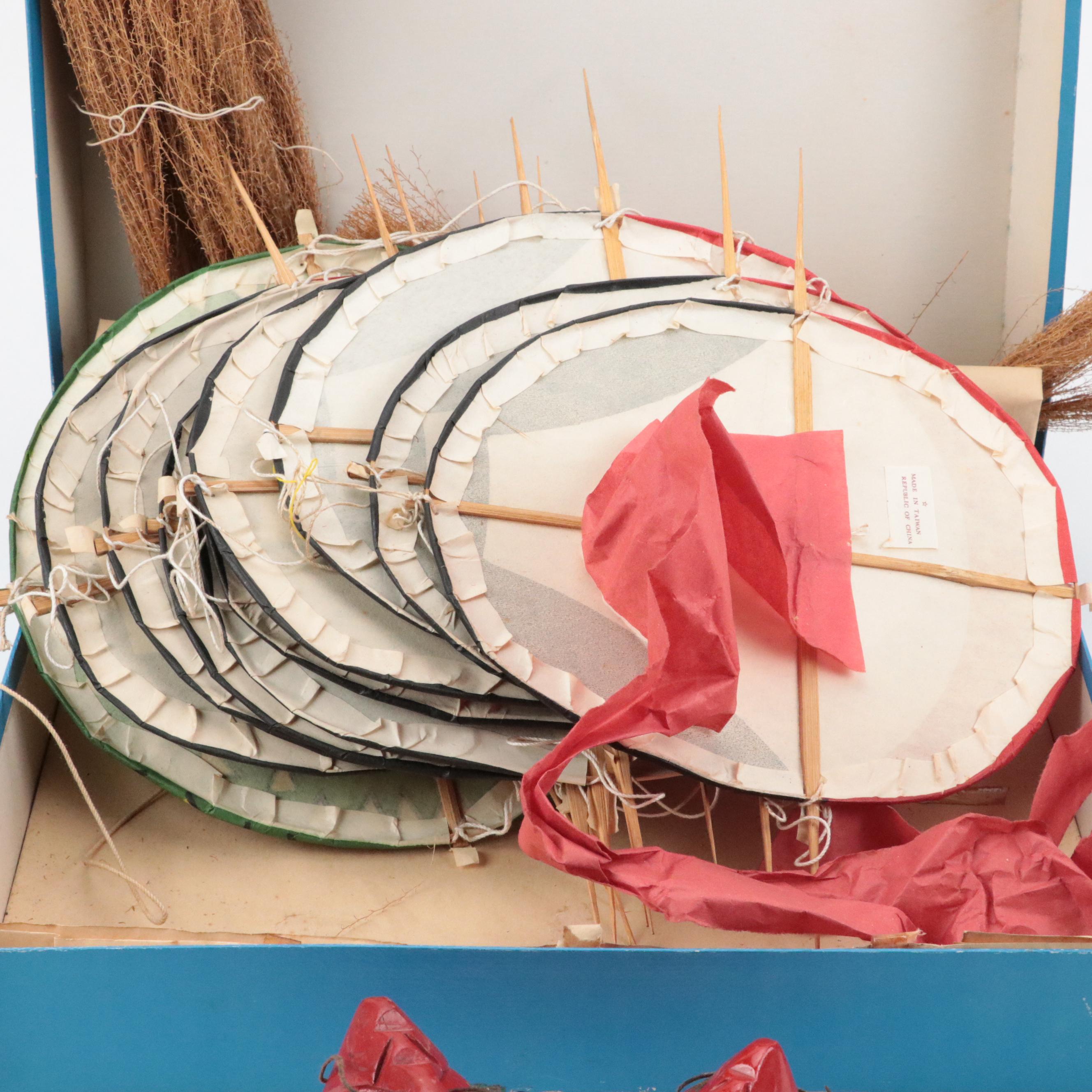 Japanese Paper and Wood Centipede Kite and Chinese Carved Wood Muyu Slit Drums