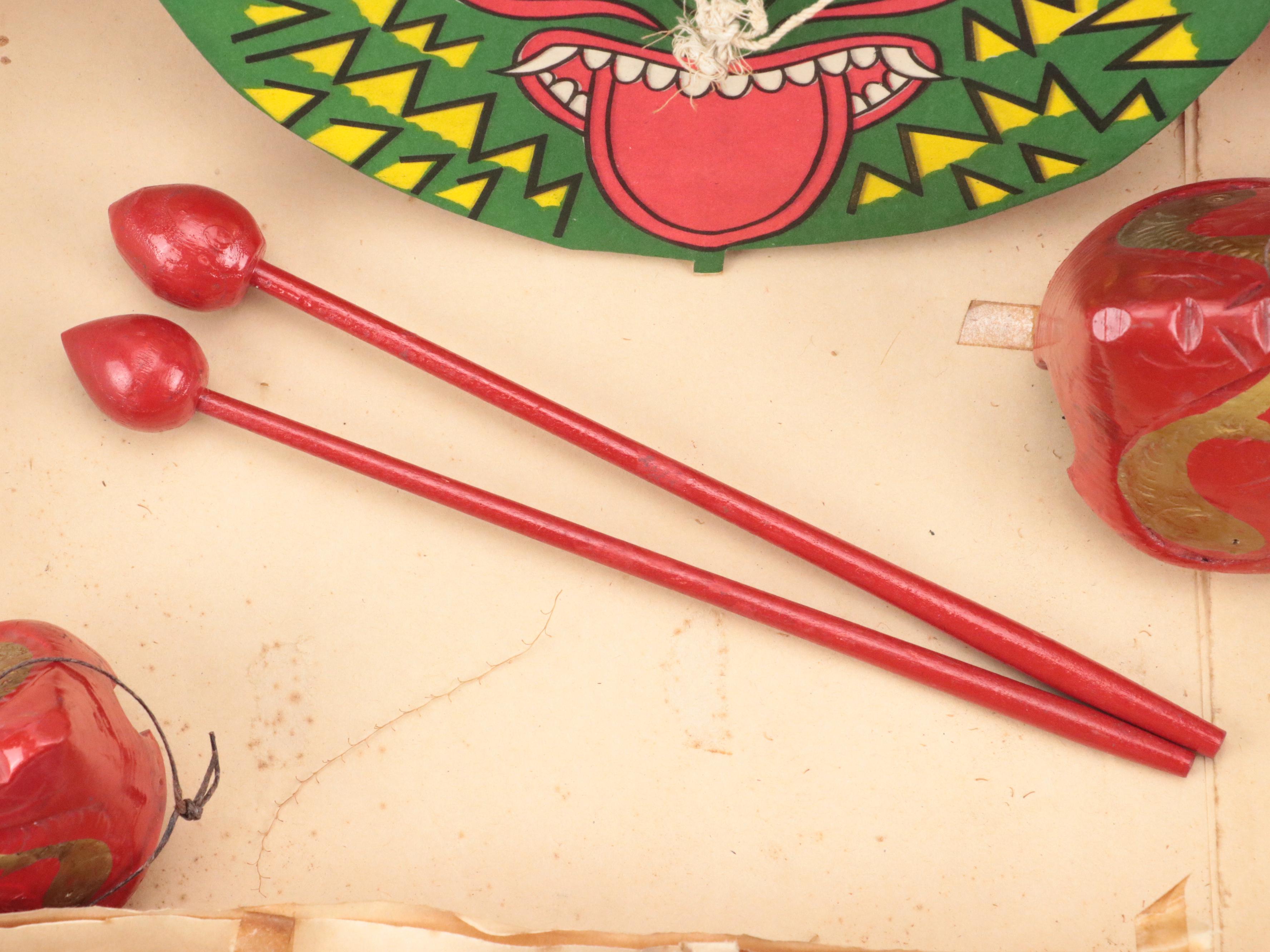 Japanese Paper and Wood Centipede Kite and Chinese Carved Wood Muyu Slit Drums