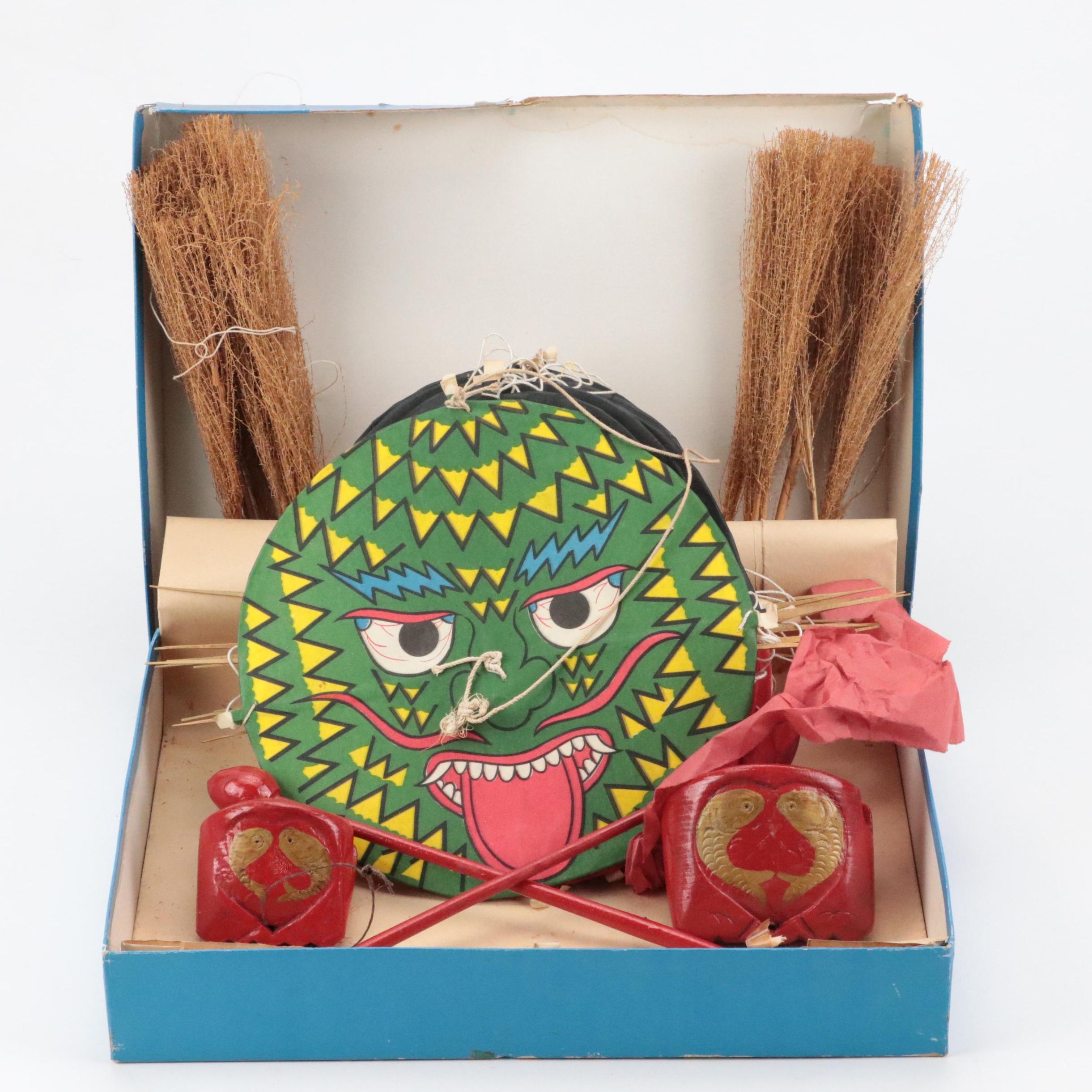 Japanese Paper and Wood Centipede Kite and Chinese Carved Wood Muyu Slit Drums