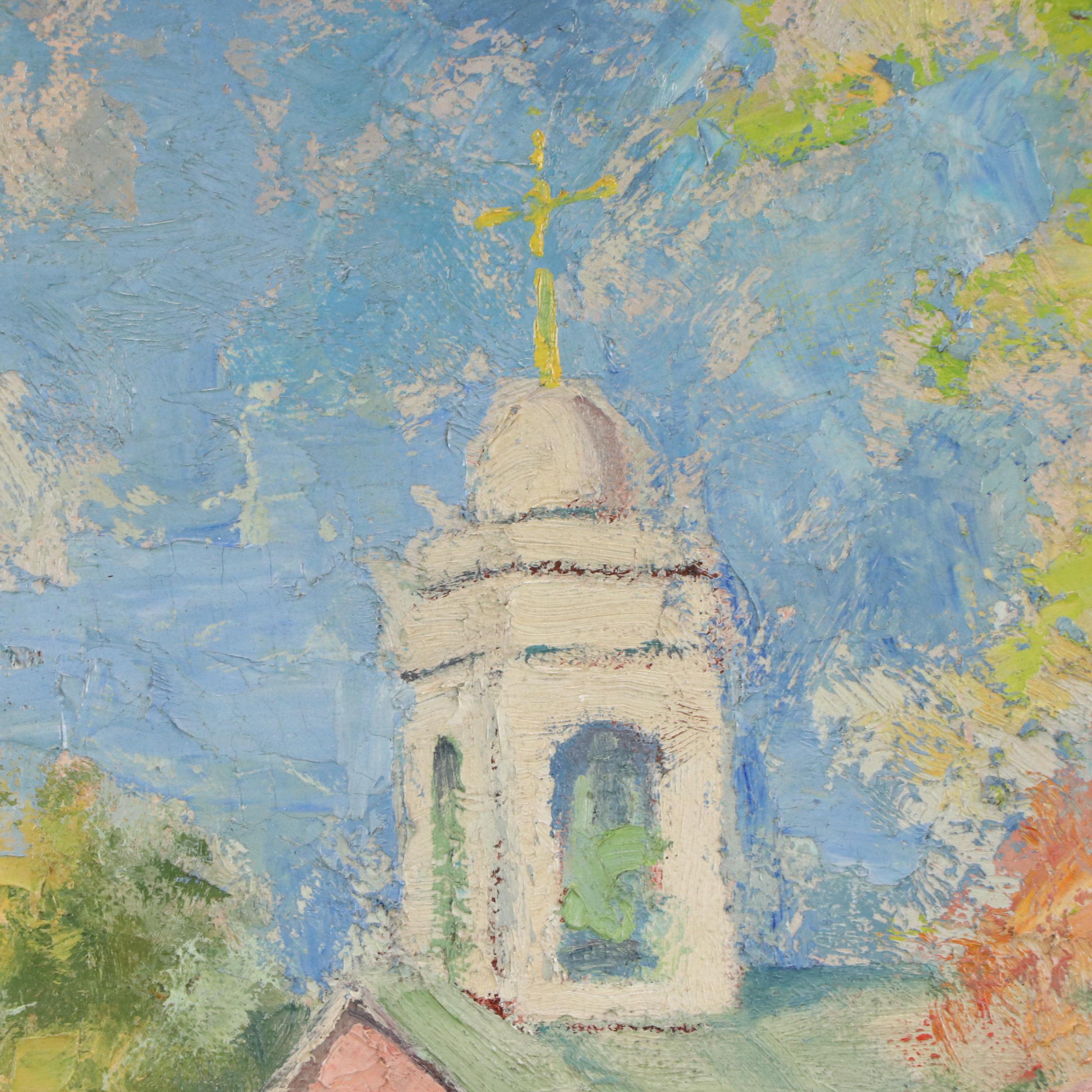 R. Johnson Oil Painting of Village, Mid-20th Century