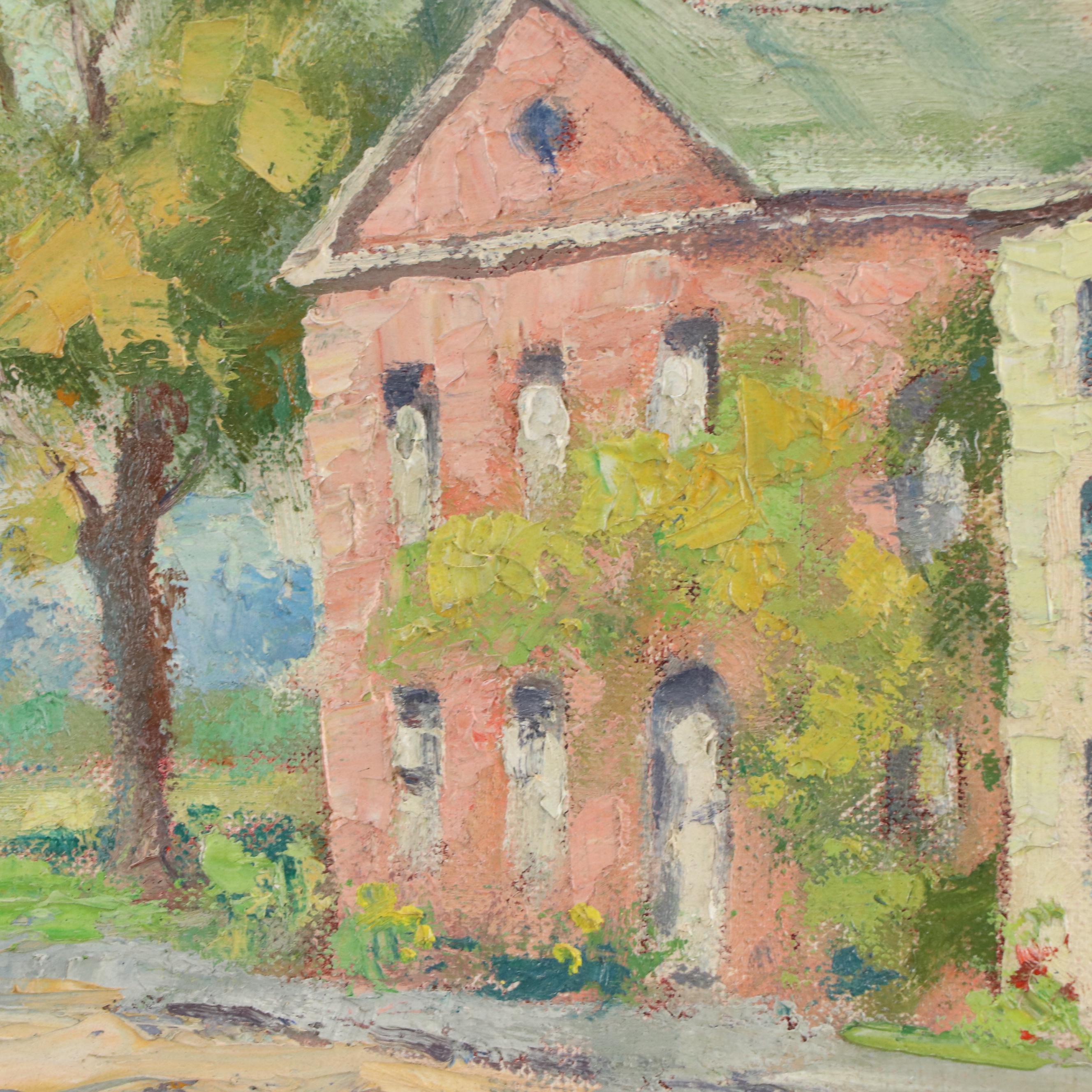 R. Johnson Oil Painting of Village, Mid-20th Century