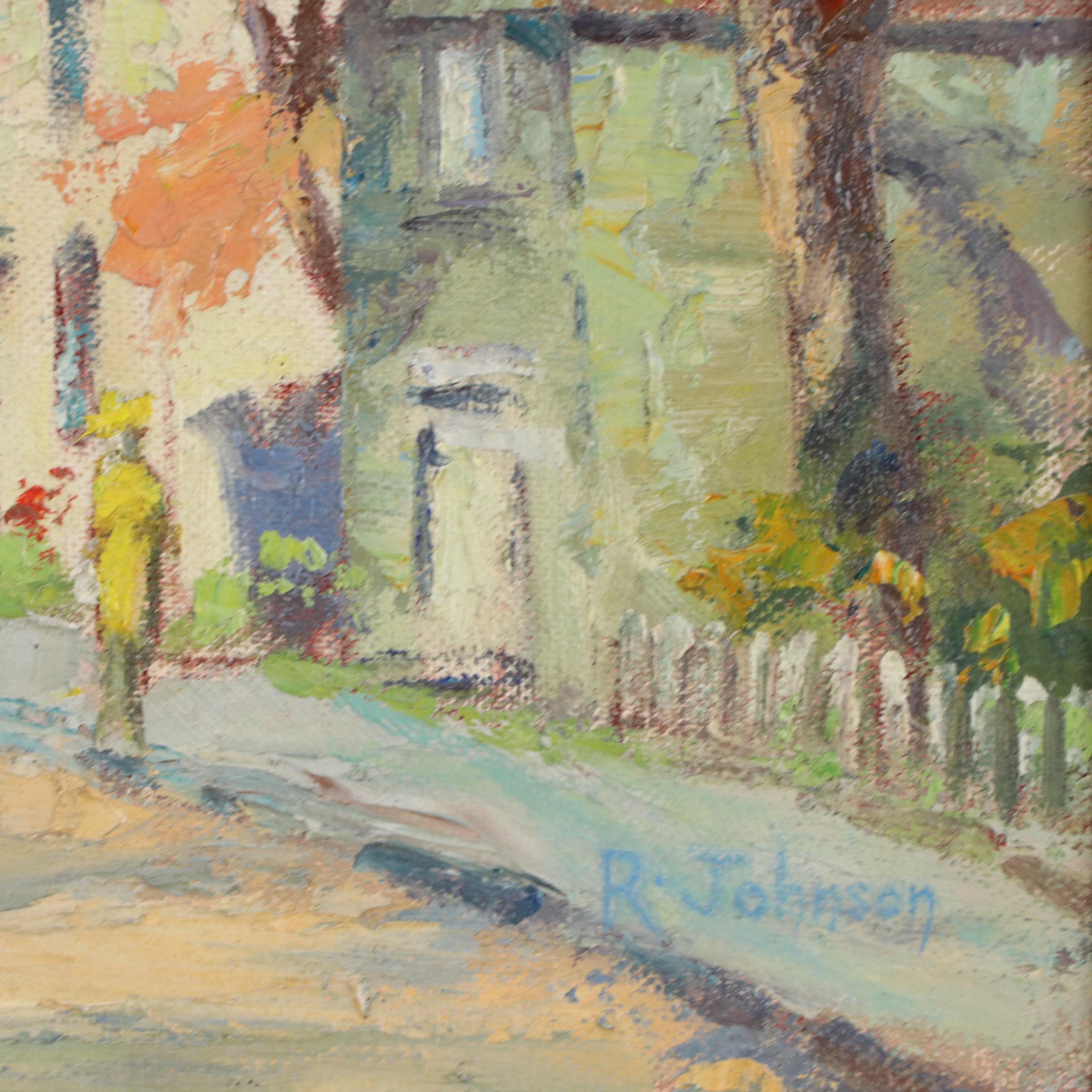 R. Johnson Oil Painting of Village, Mid-20th Century