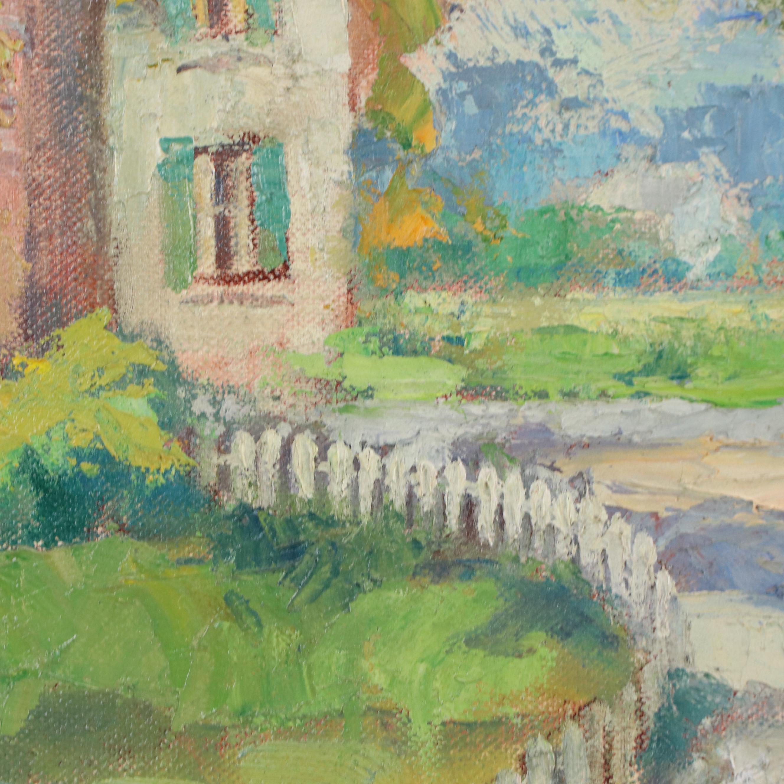 R. Johnson Oil Painting of Village, Mid-20th Century