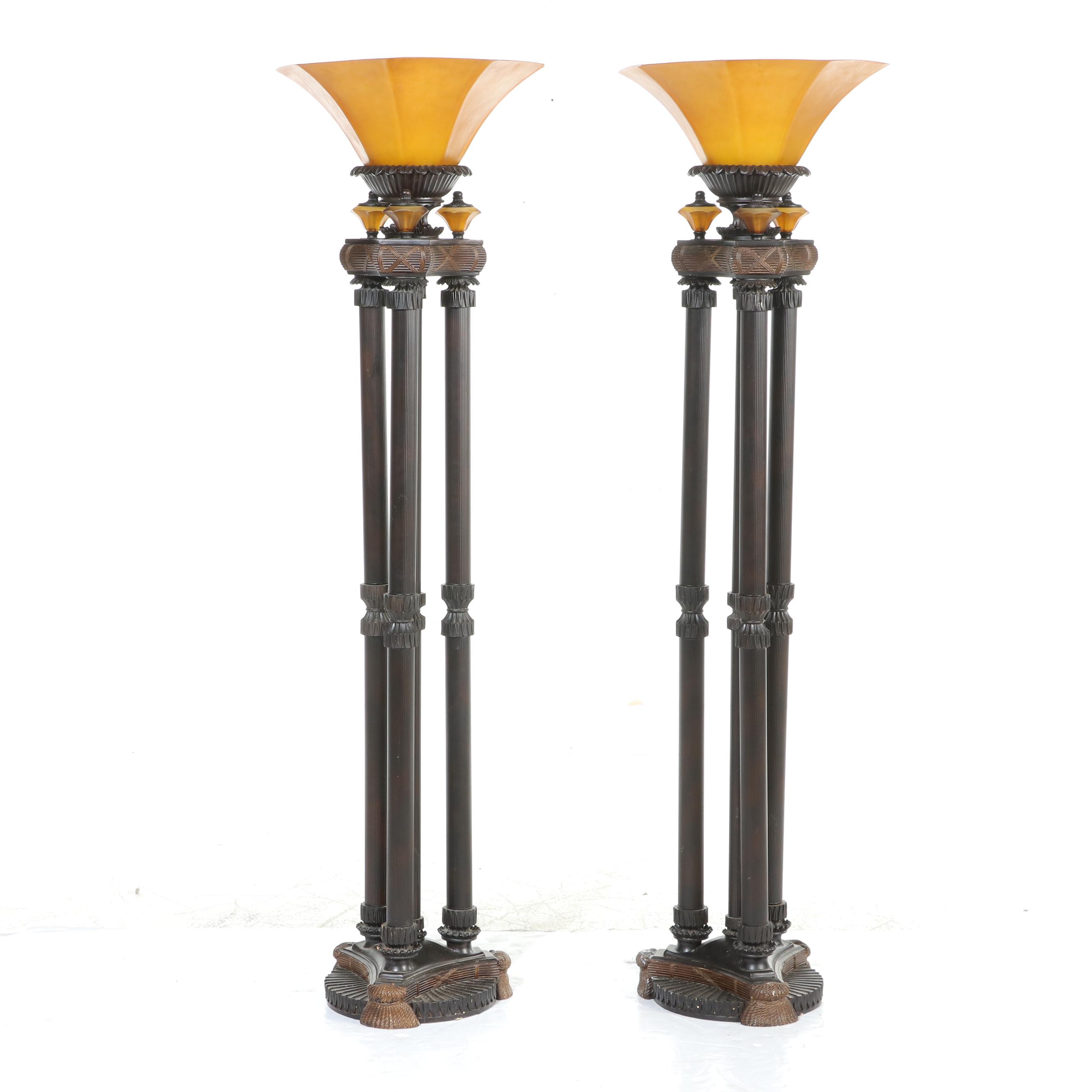 Cheyenne Industries Torchère Floor Lamps Pair with Amber Shades, c. 2003