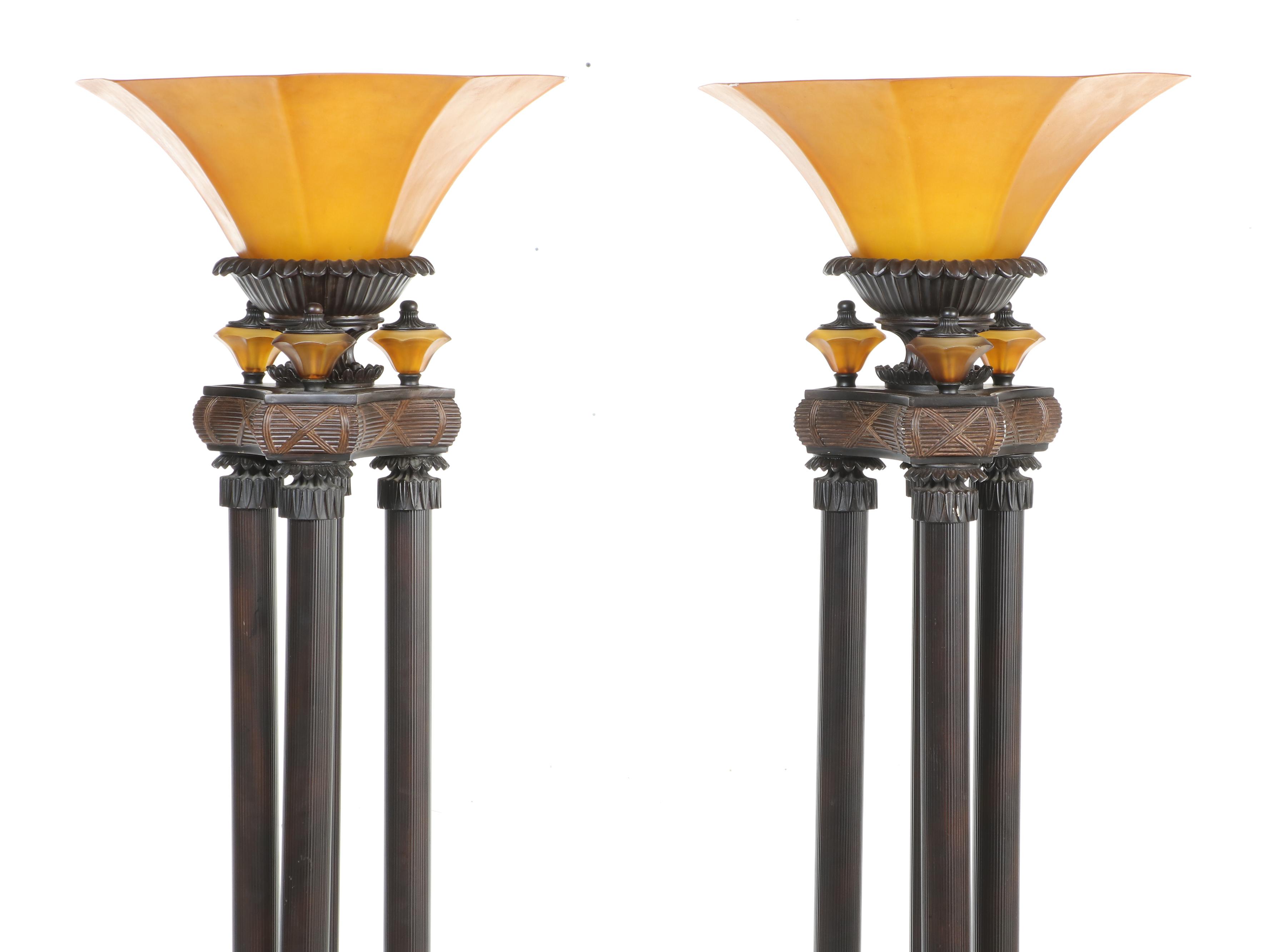 Cheyenne Industries Torchère Floor Lamps Pair with Amber Shades, c. 2003