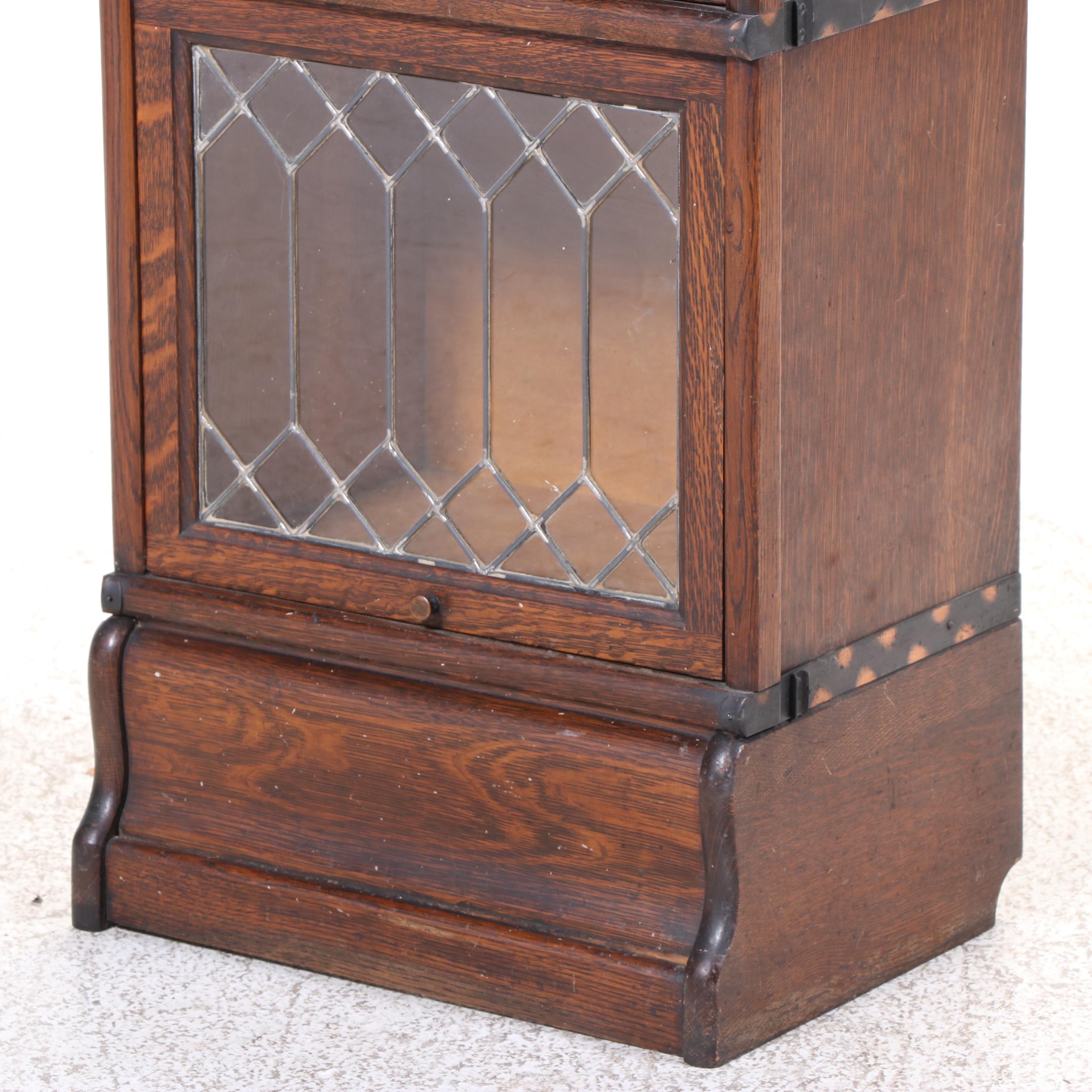 Macey Quartersawn Oak and Leaded Glass Three-Stack Narrow Barrister's Bookcase