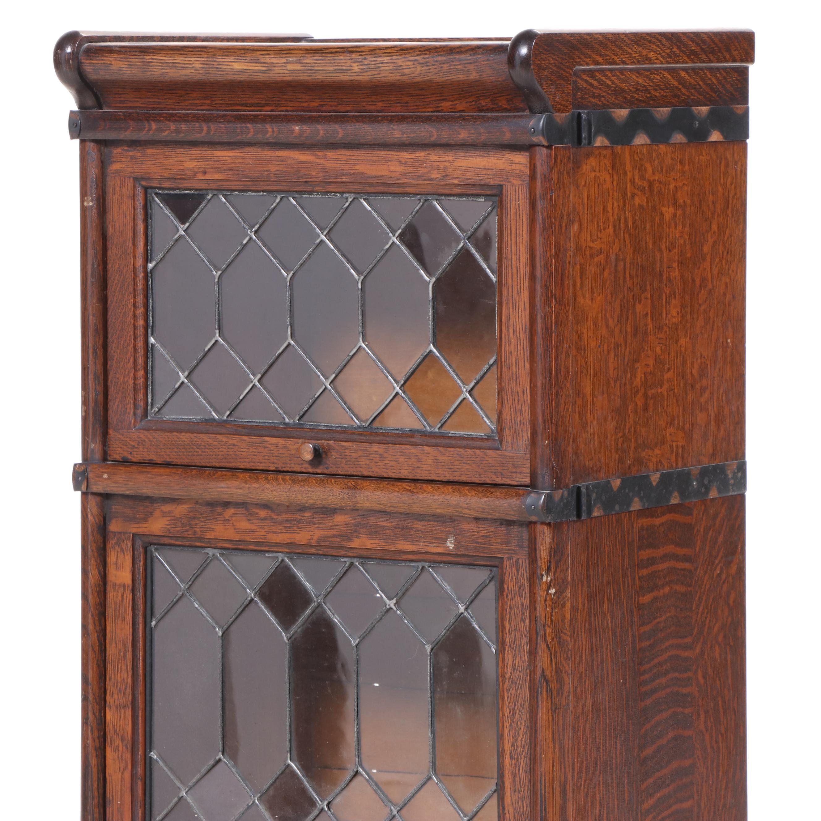 Macey Quartersawn Oak and Leaded Glass Three-Stack Narrow Barrister's Bookcase