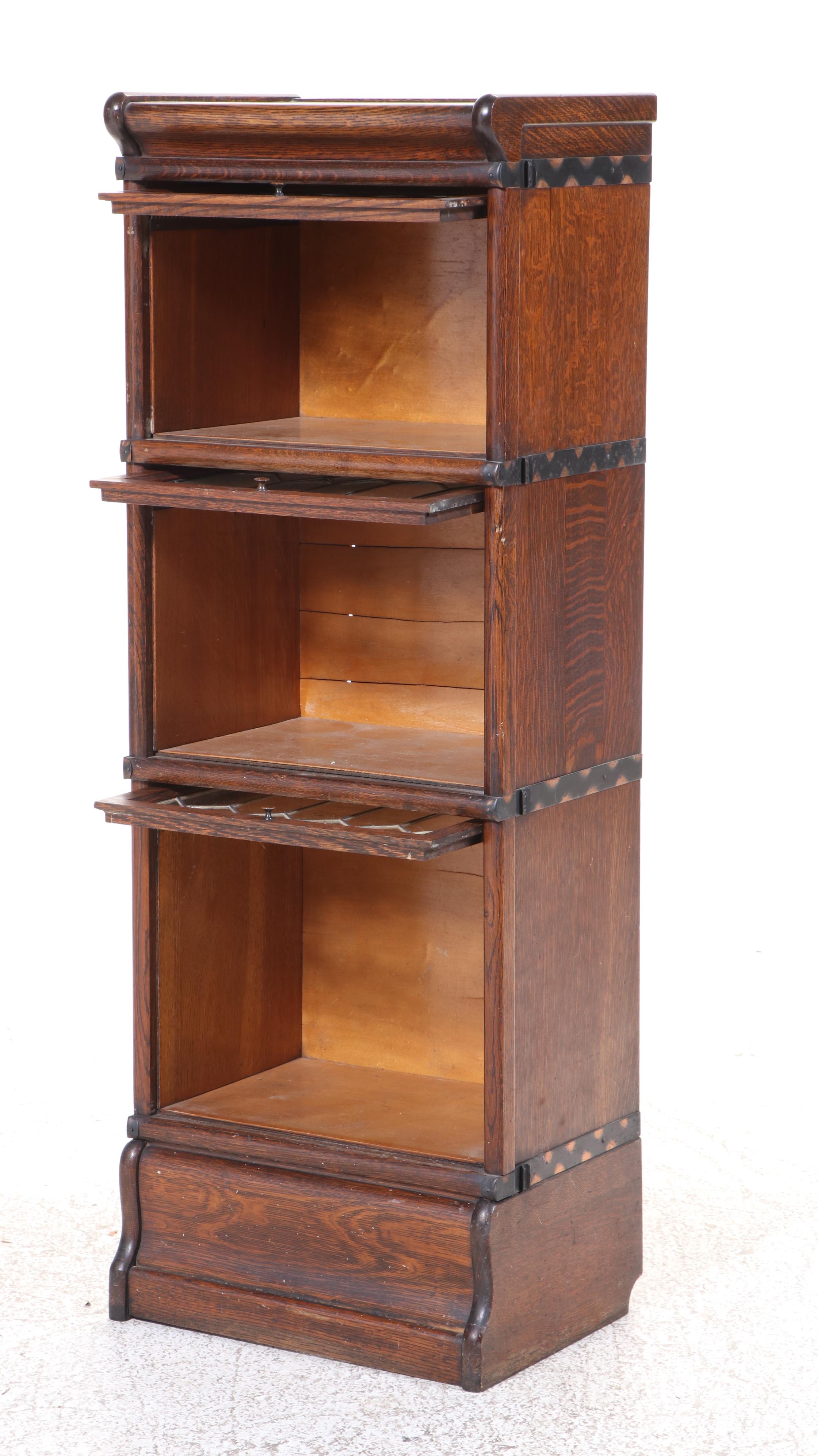 Macey Quartersawn Oak and Leaded Glass Three-Stack Narrow Barrister's Bookcase