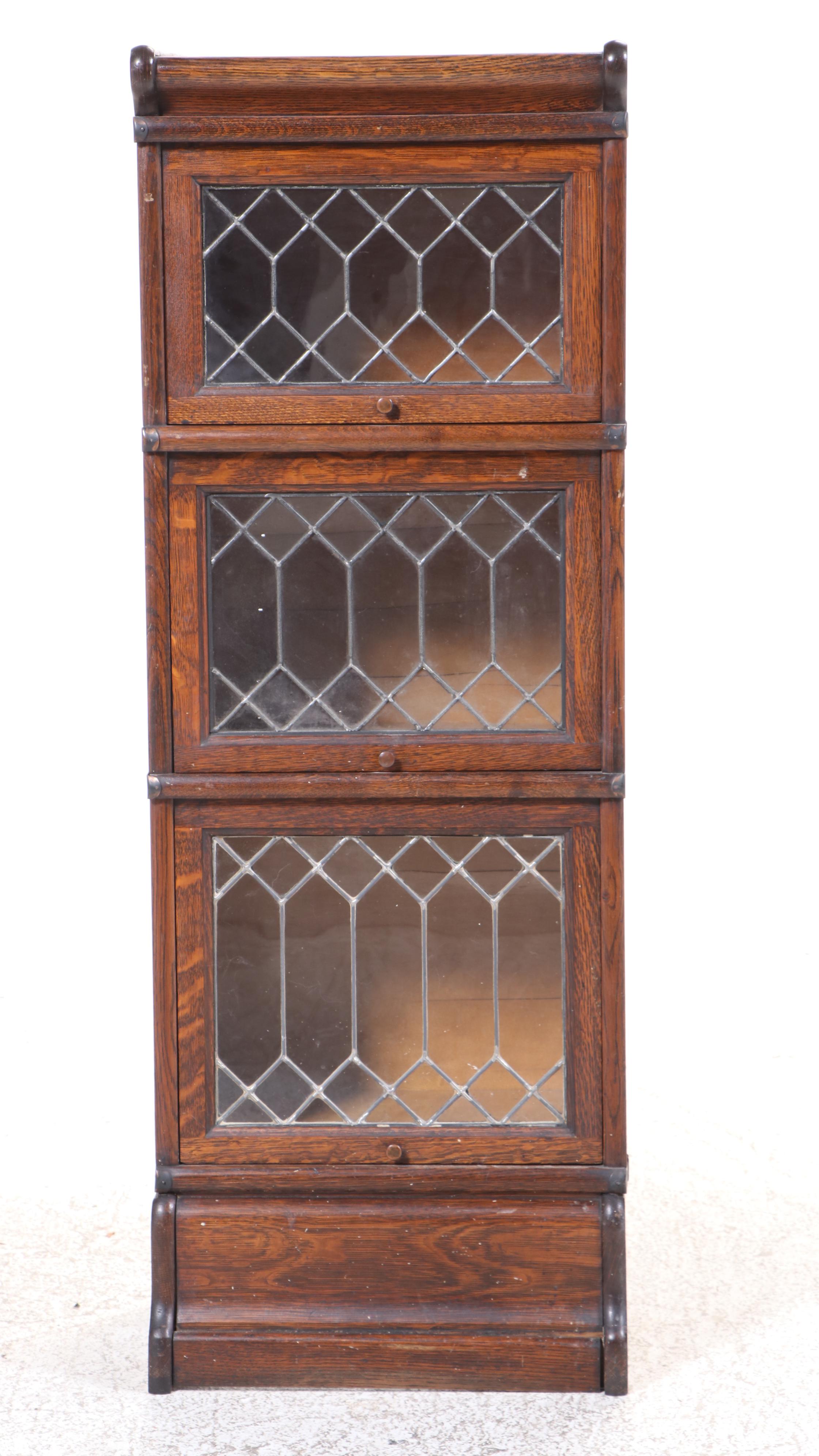 Macey Quartersawn Oak and Leaded Glass Three-Stack Narrow Barrister's Bookcase