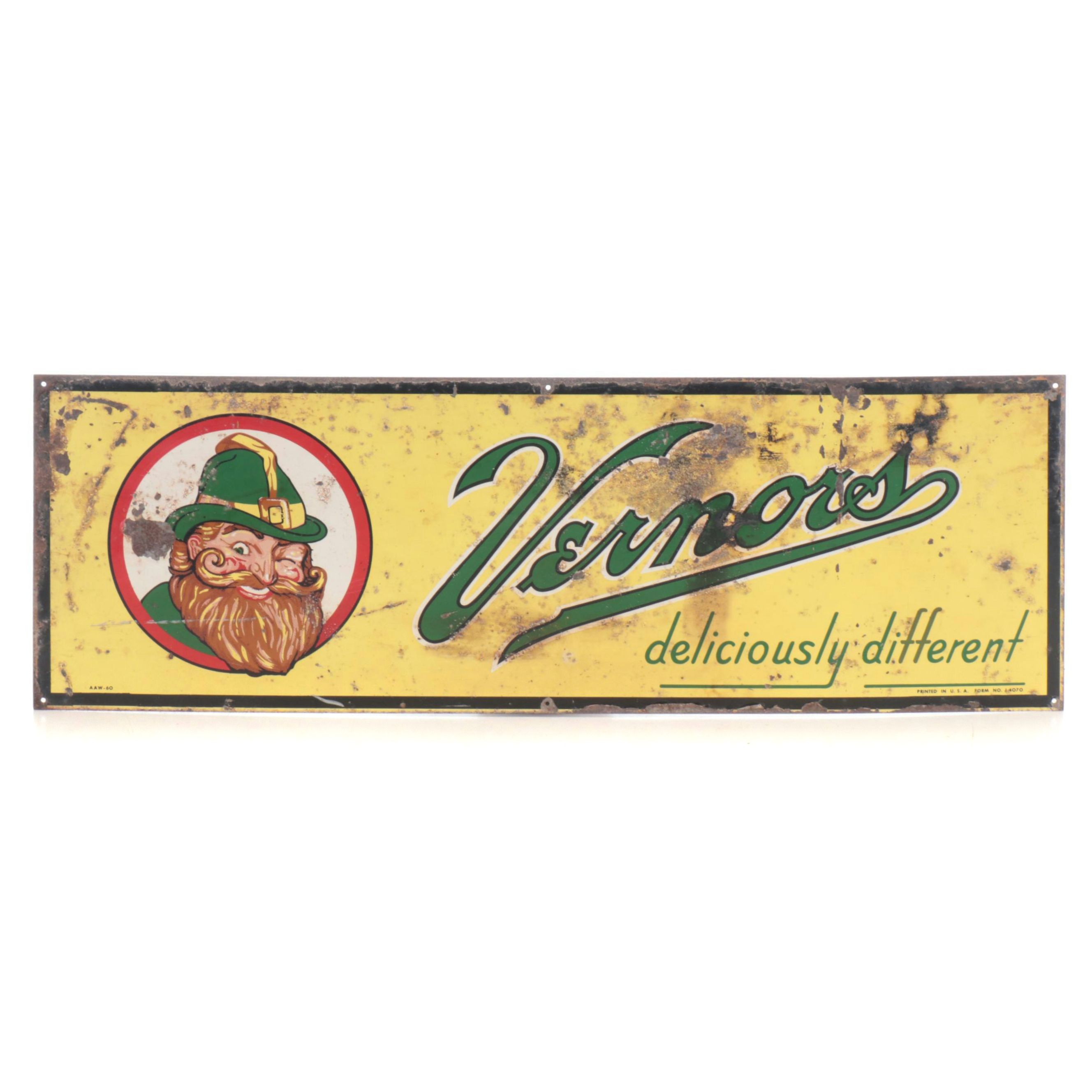 Vernor's Deliciously Different Metal Advertising Sign, Mid-20th Century