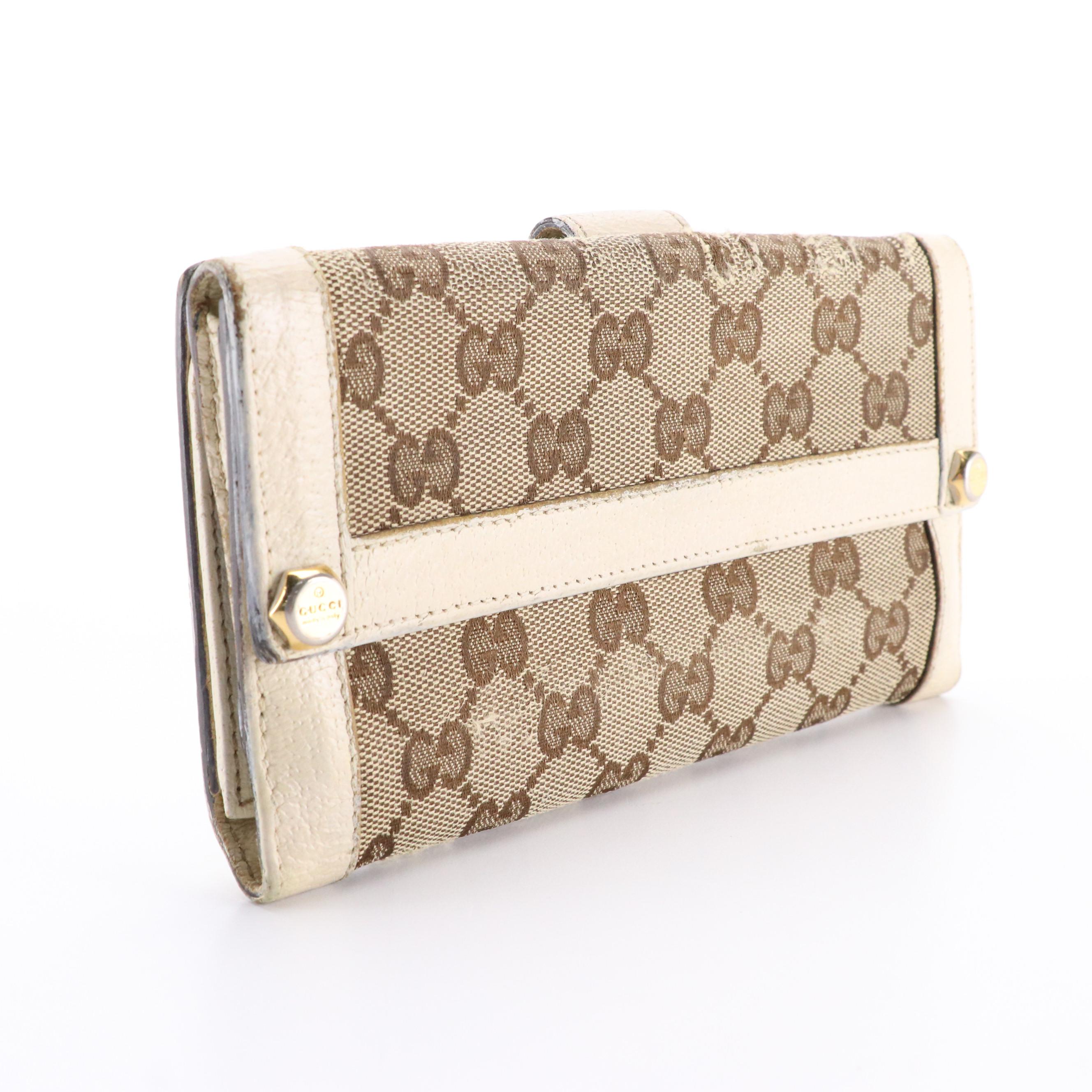 Gucci Long Wallet in Brown Monogram Canvas and White Leather