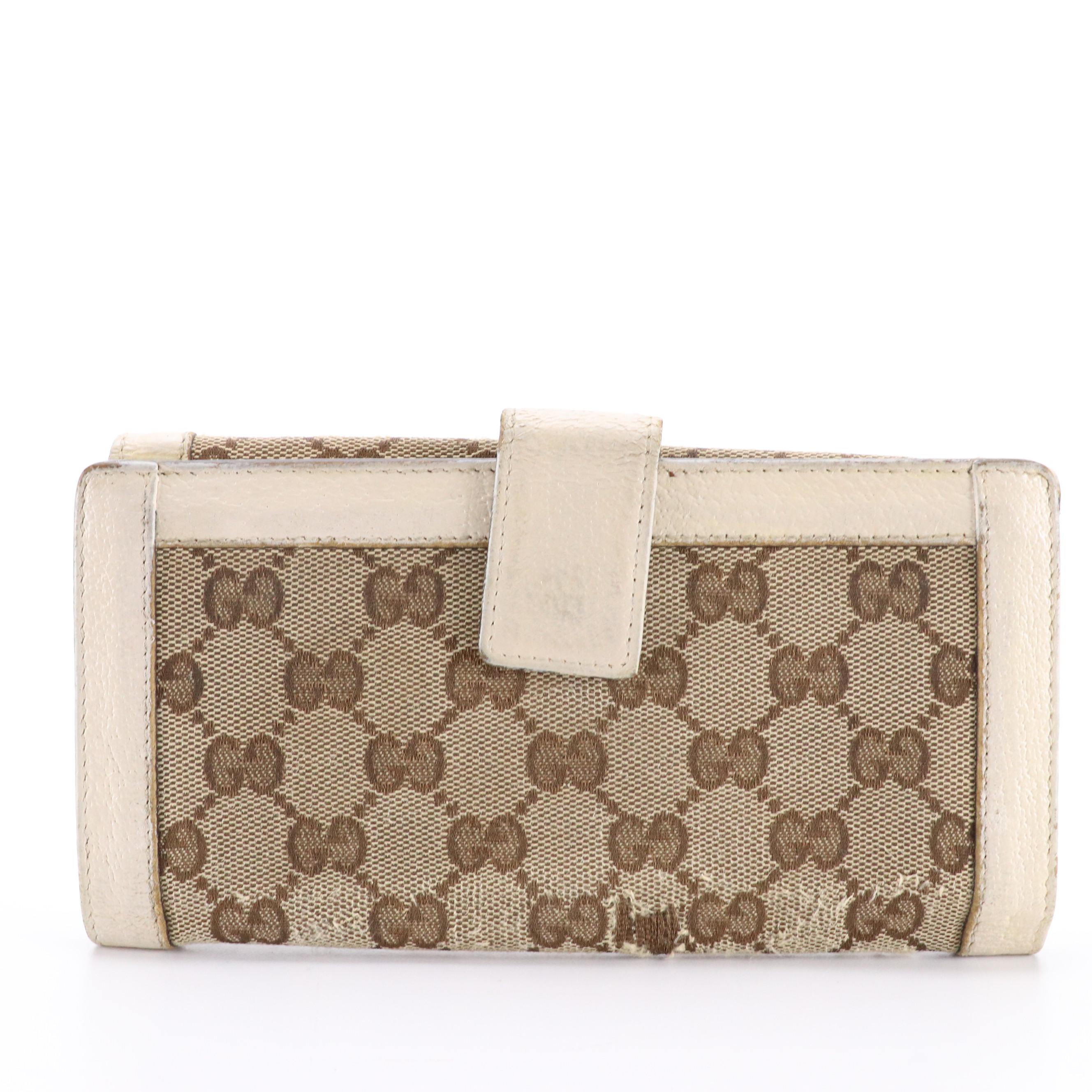 Gucci Long Wallet in Brown Monogram Canvas and White Leather