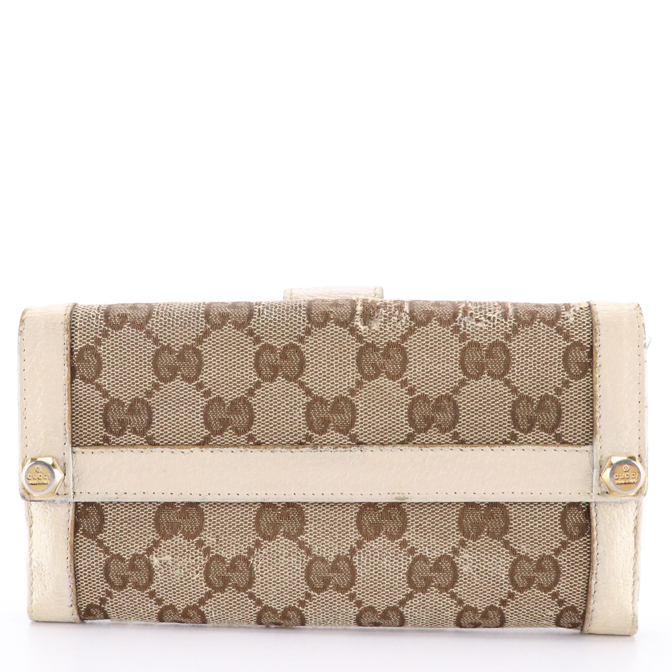 Gucci Long Wallet in Brown Monogram Canvas and White Leather