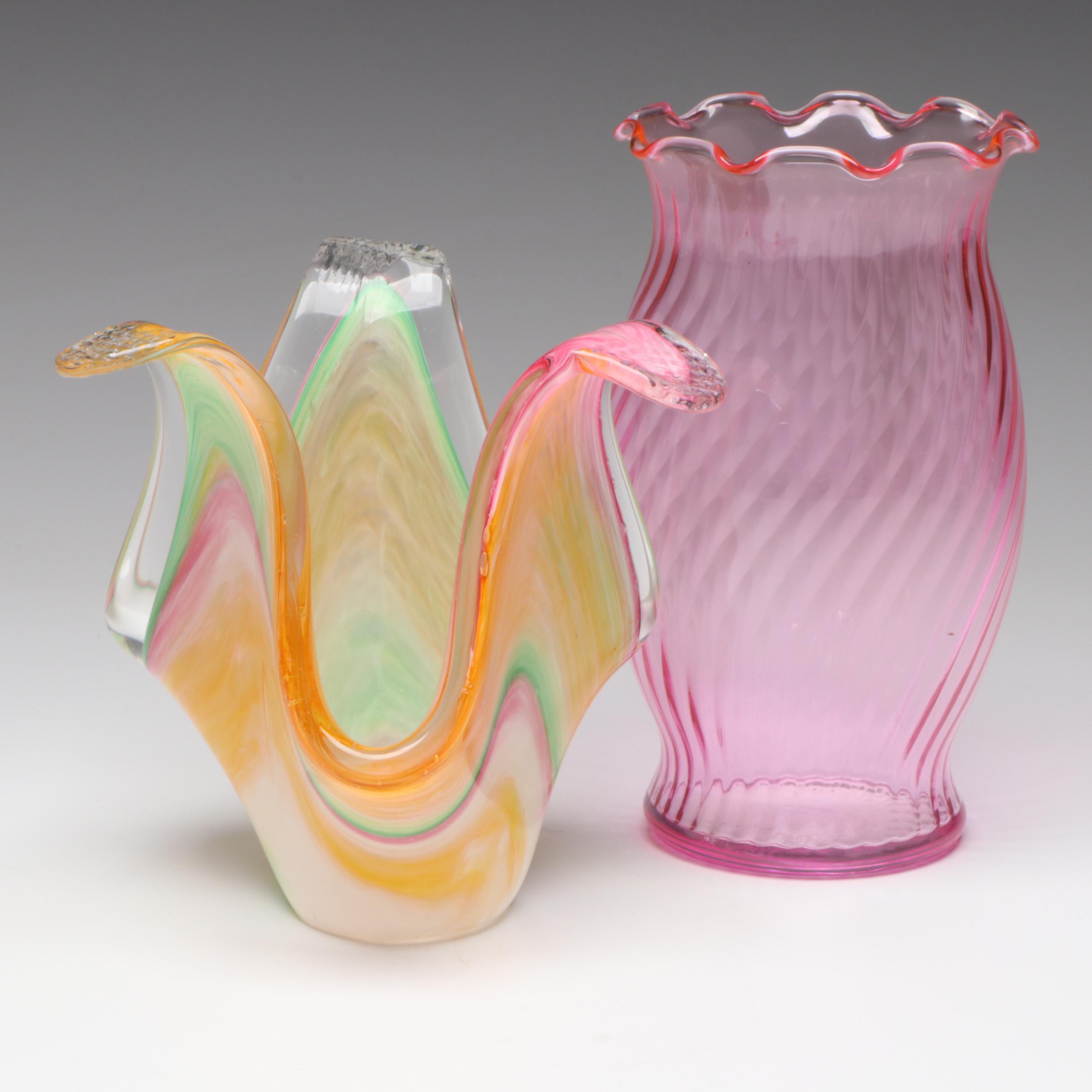 Murano Style Swing Glass Bowl with Swirled Cranberry Glass Vase