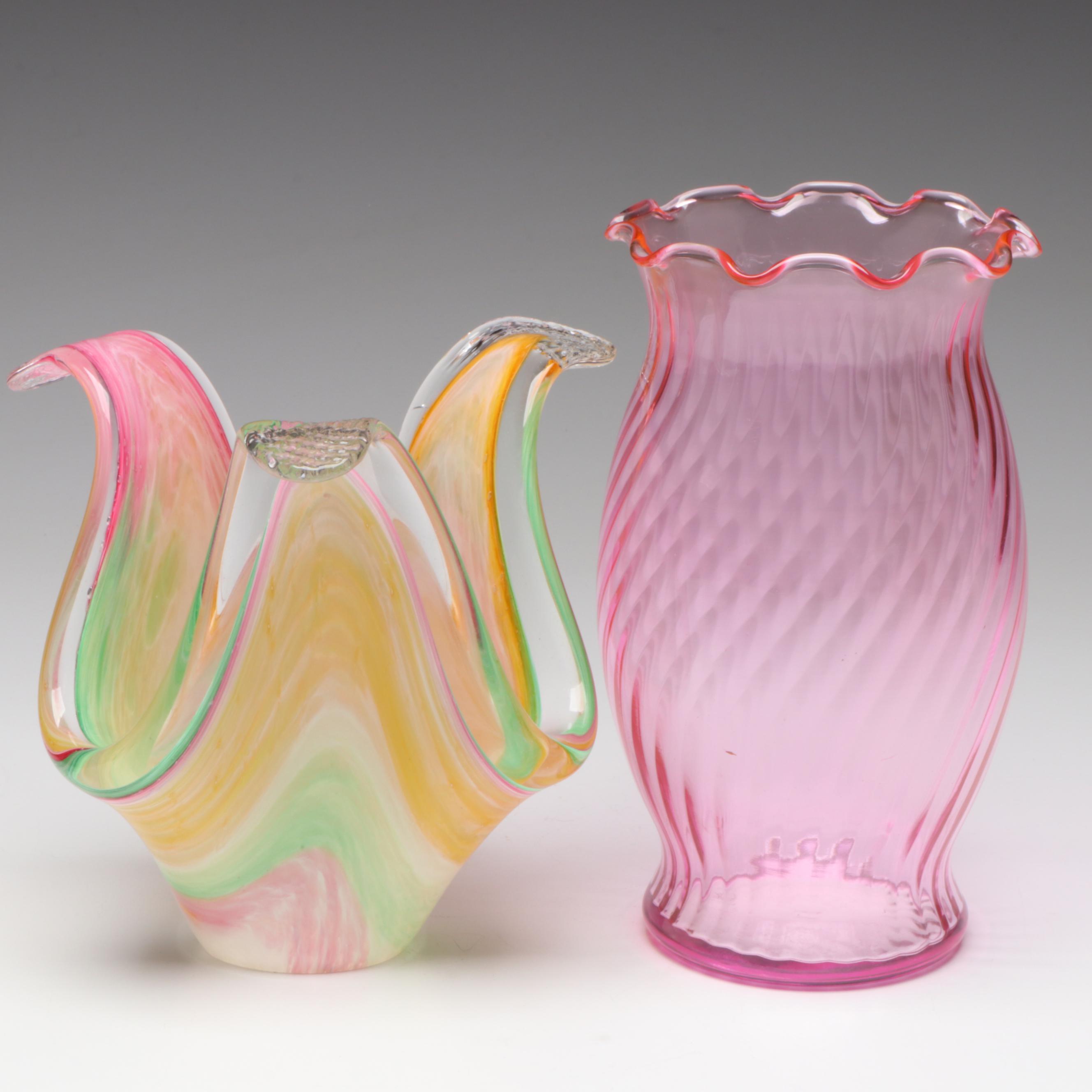 Murano Style Swing Glass Bowl with Swirled Cranberry Glass Vase