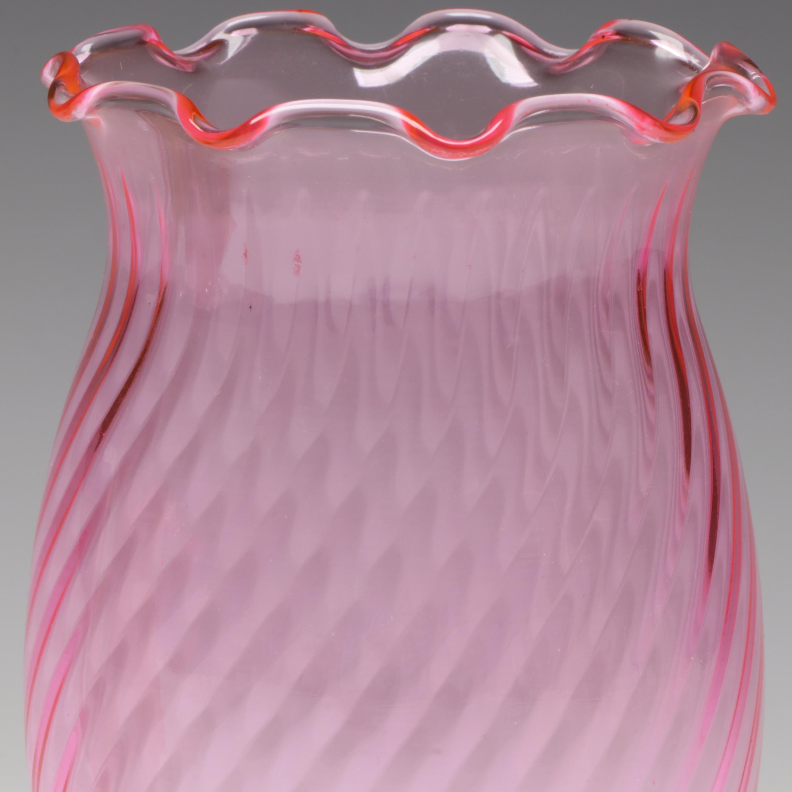 Murano Style Swing Glass Bowl with Swirled Cranberry Glass Vase