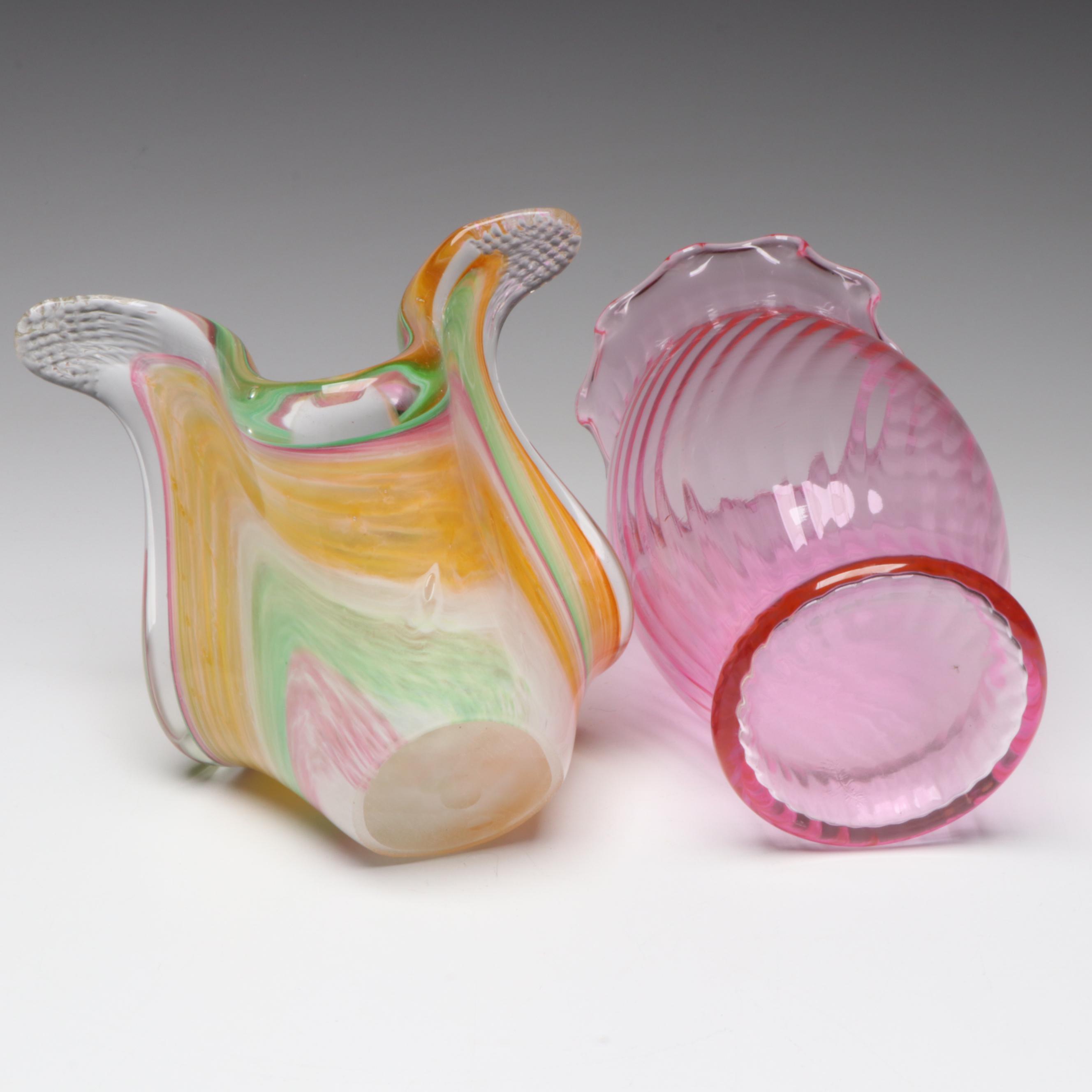 Murano Style Swing Glass Bowl with Swirled Cranberry Glass Vase