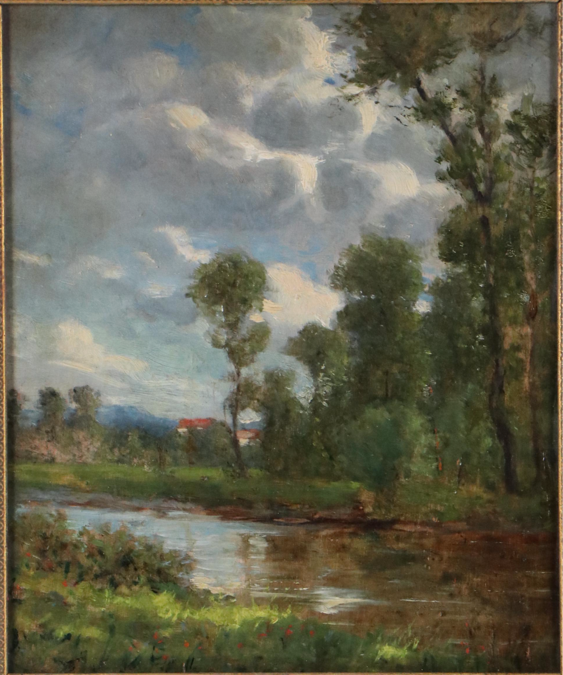 Bucolic River Landscape Oil Painting Featuring Cottage