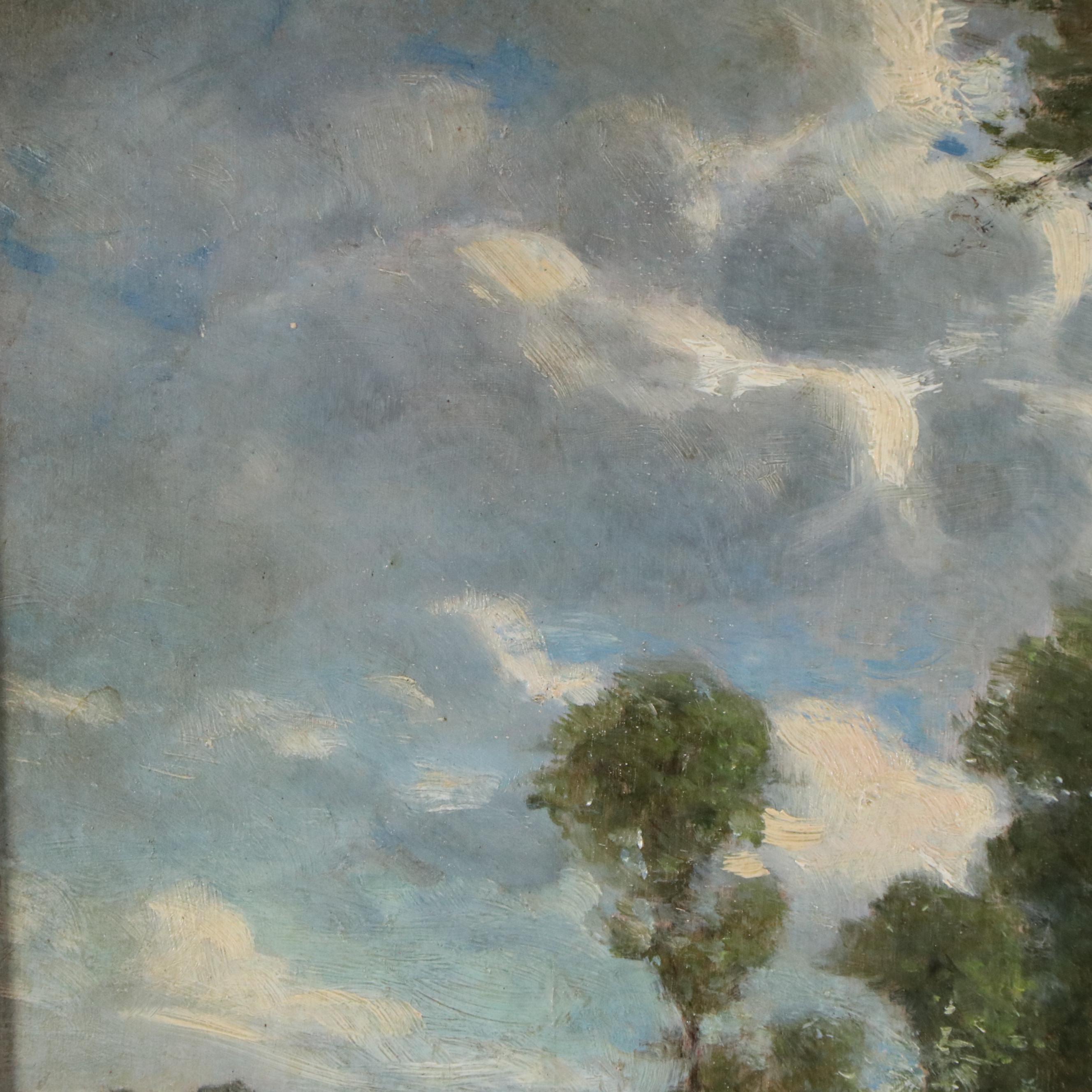 Bucolic River Landscape Oil Painting Featuring Cottage