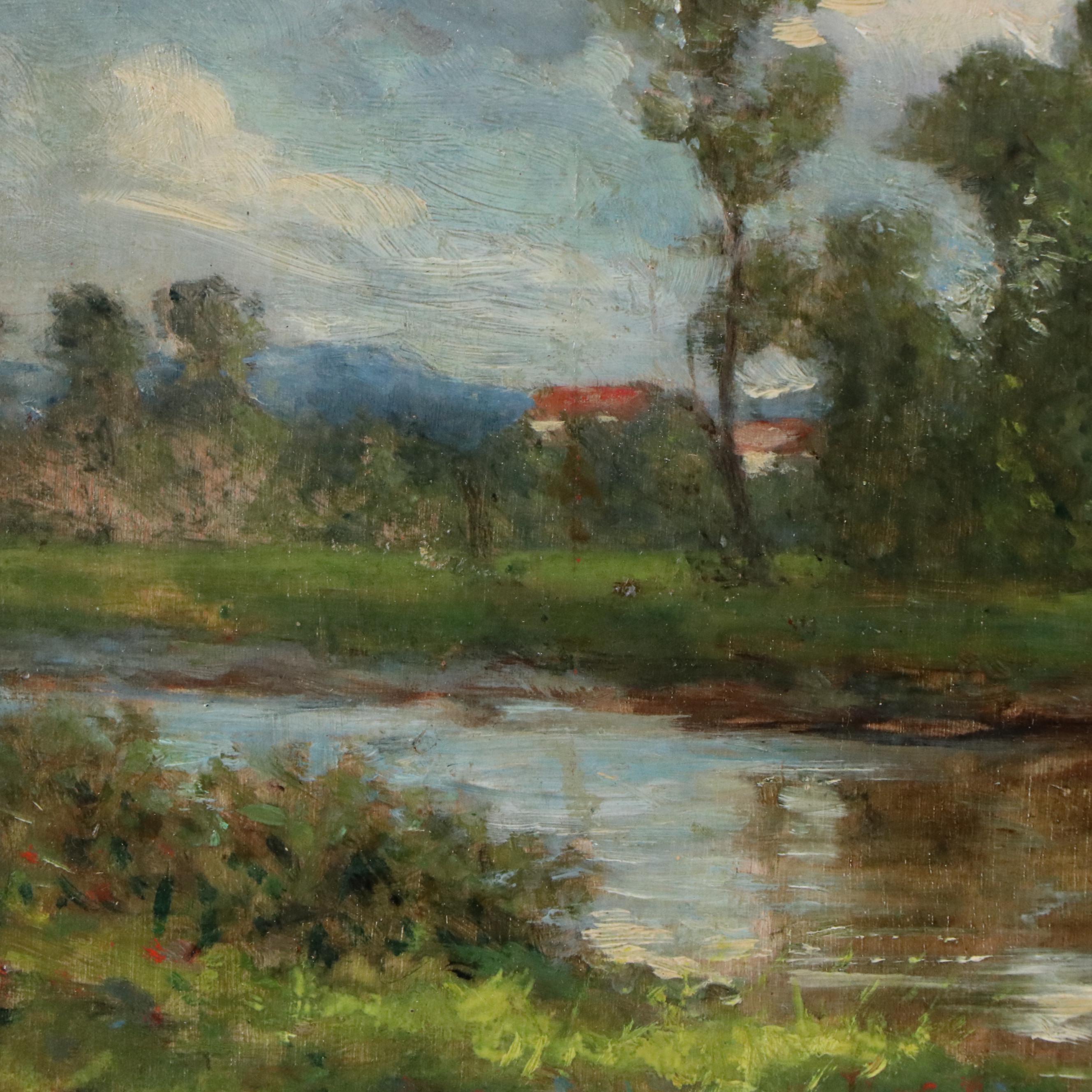 Bucolic River Landscape Oil Painting Featuring Cottage