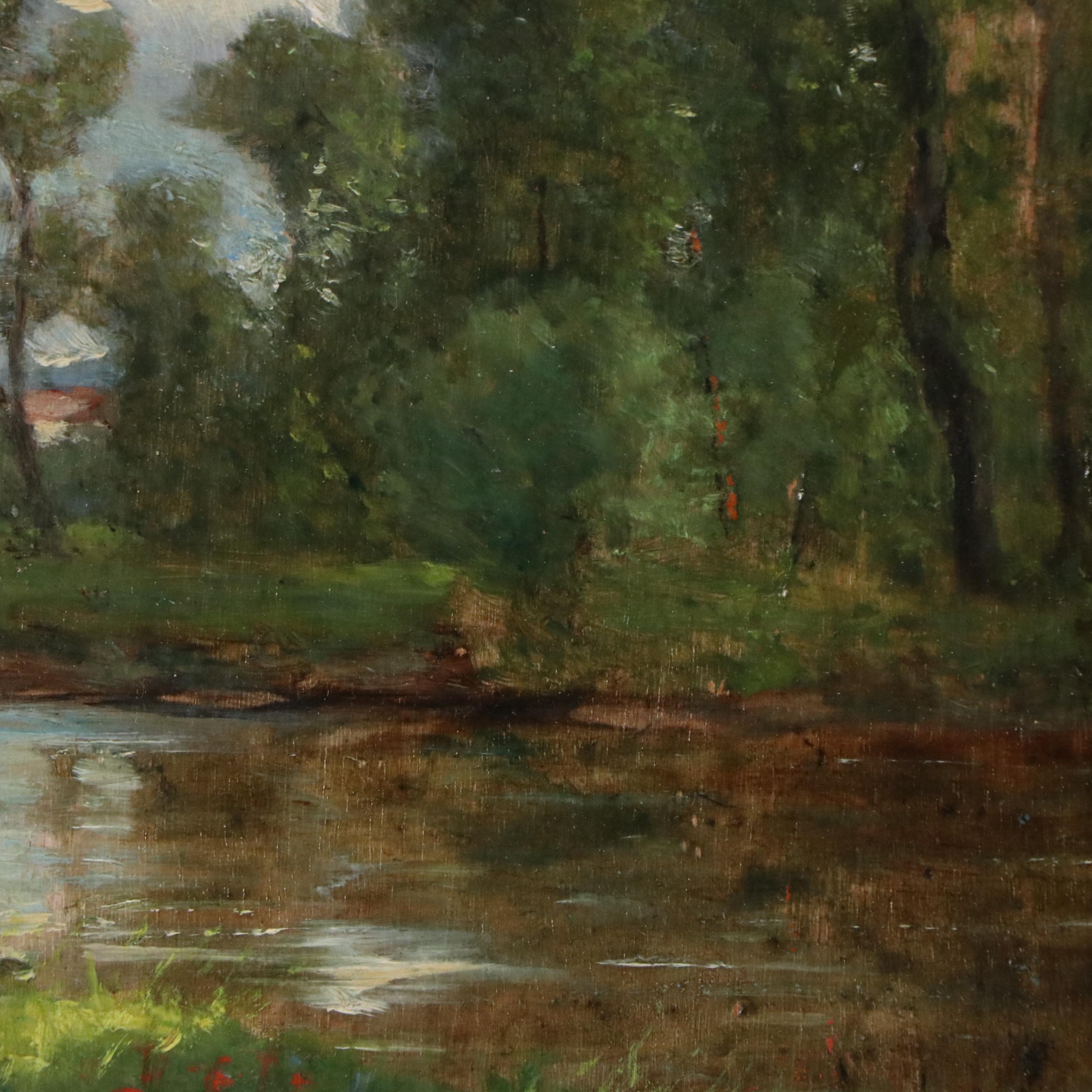 Bucolic River Landscape Oil Painting Featuring Cottage