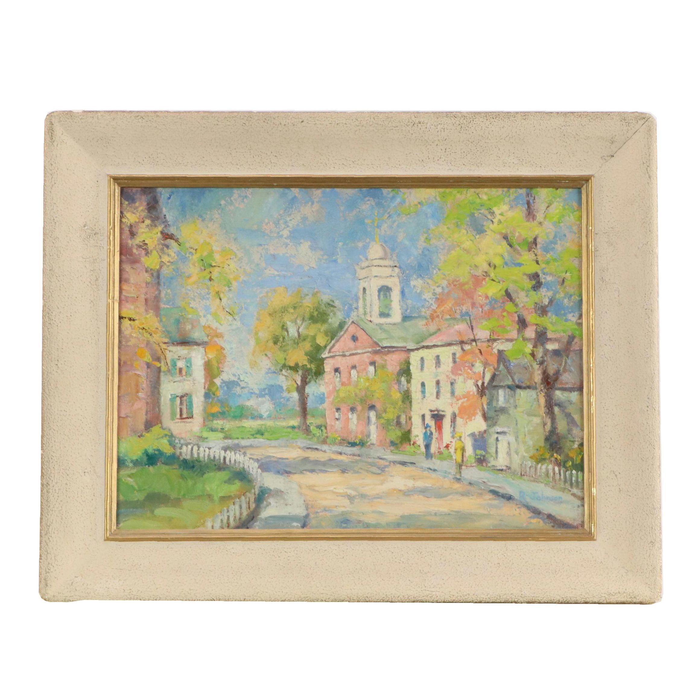 R. Johnson Oil Painting of Village, Mid-20th Century