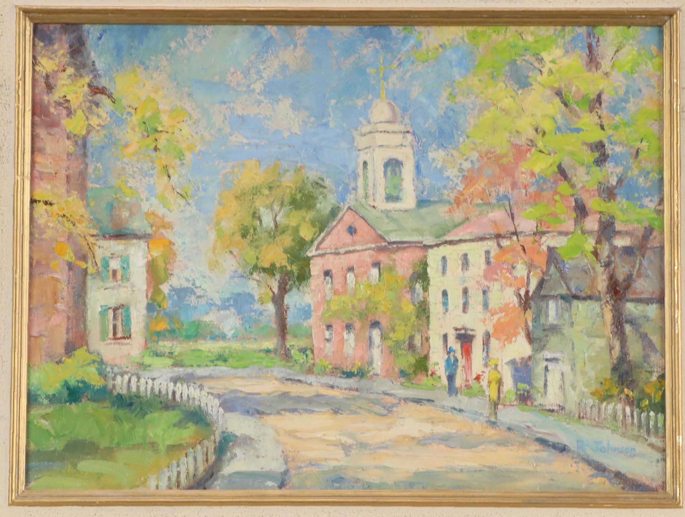 R. Johnson Oil Painting of Village, Mid-20th Century