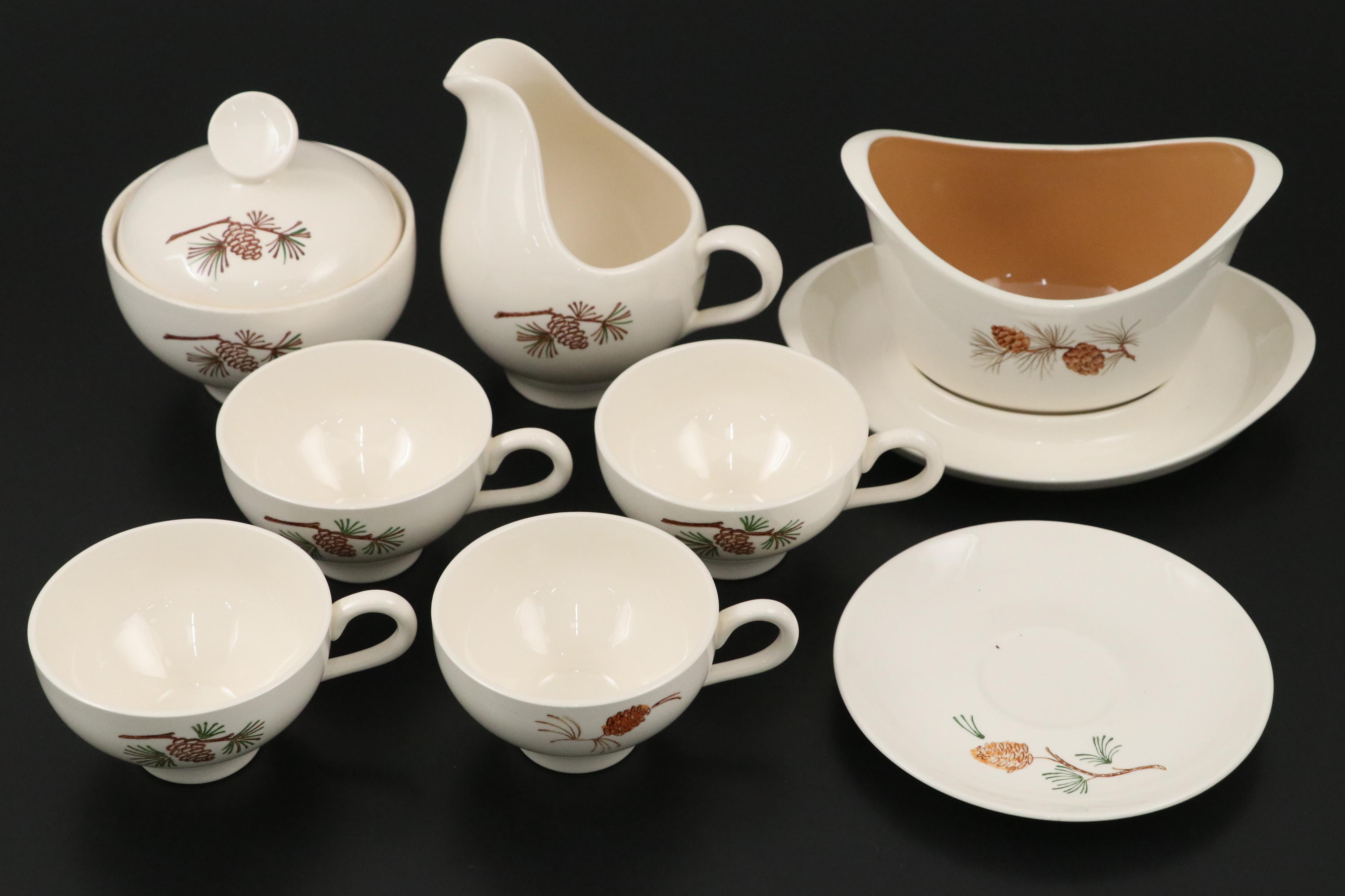 Mid Century Modern Style Ceramic Pine Cone Pattern Dinnerware, Mid-20th Century