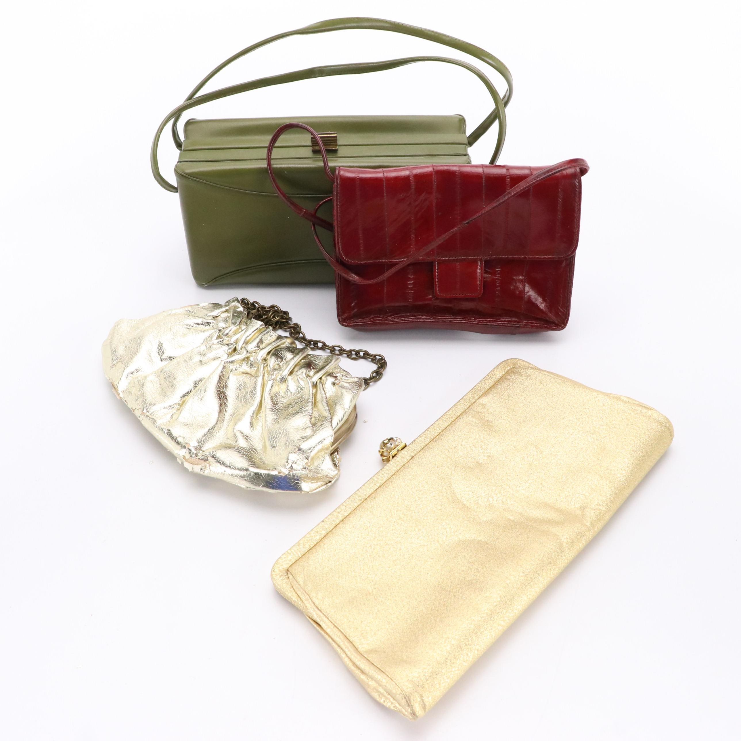Eel Skin Shoulder Bag, Faux Leather Box Bag and Pouch, Textile Clutch