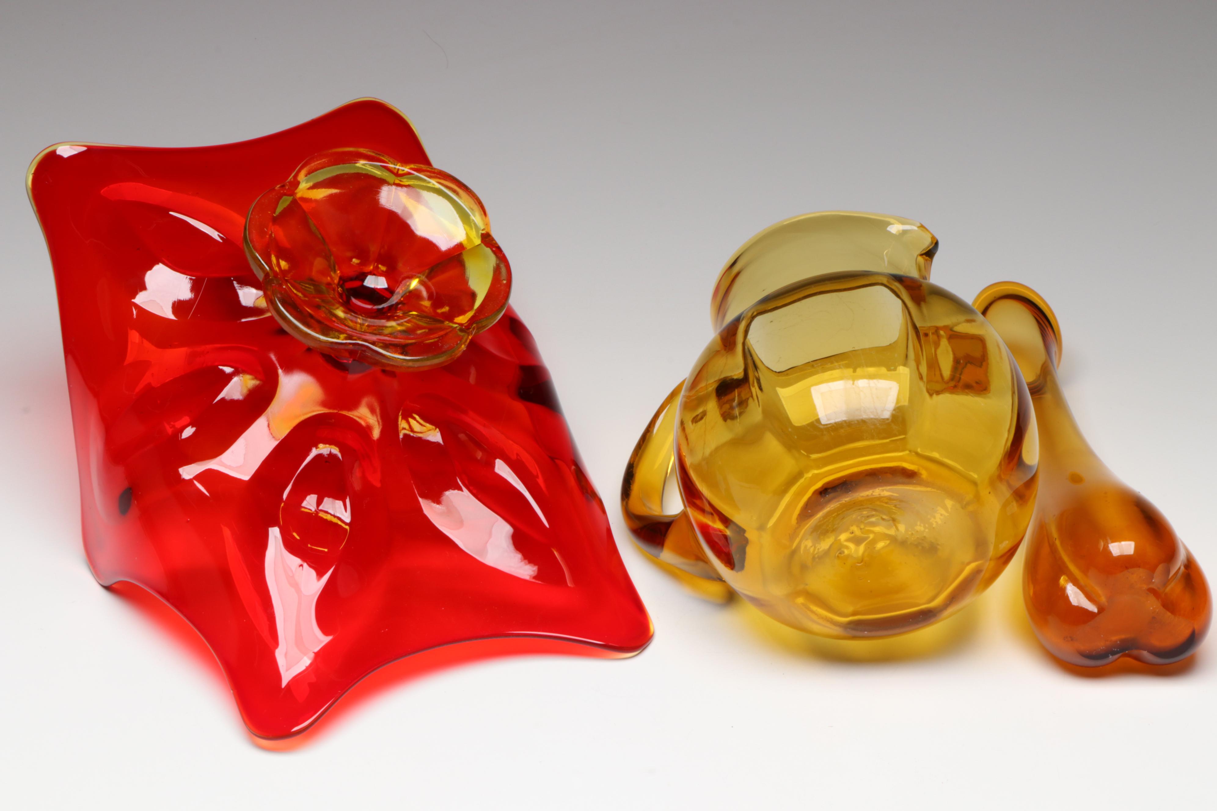 Pilgrim Crackle Glass Pitcher with Other Red and Amber Glass Decor