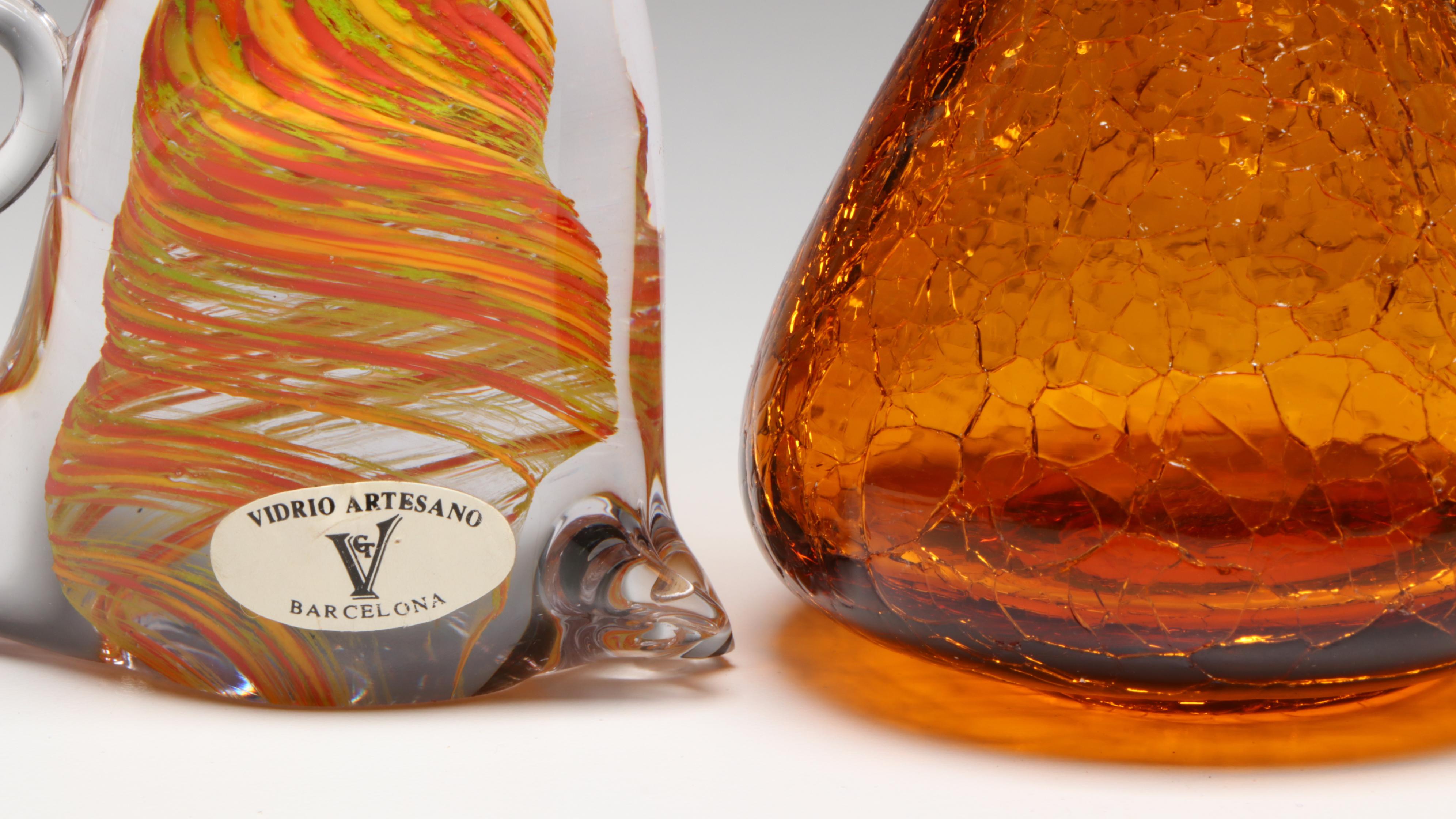 Pilgrim Crackle Glass Pitcher with Other Red and Amber Glass Decor