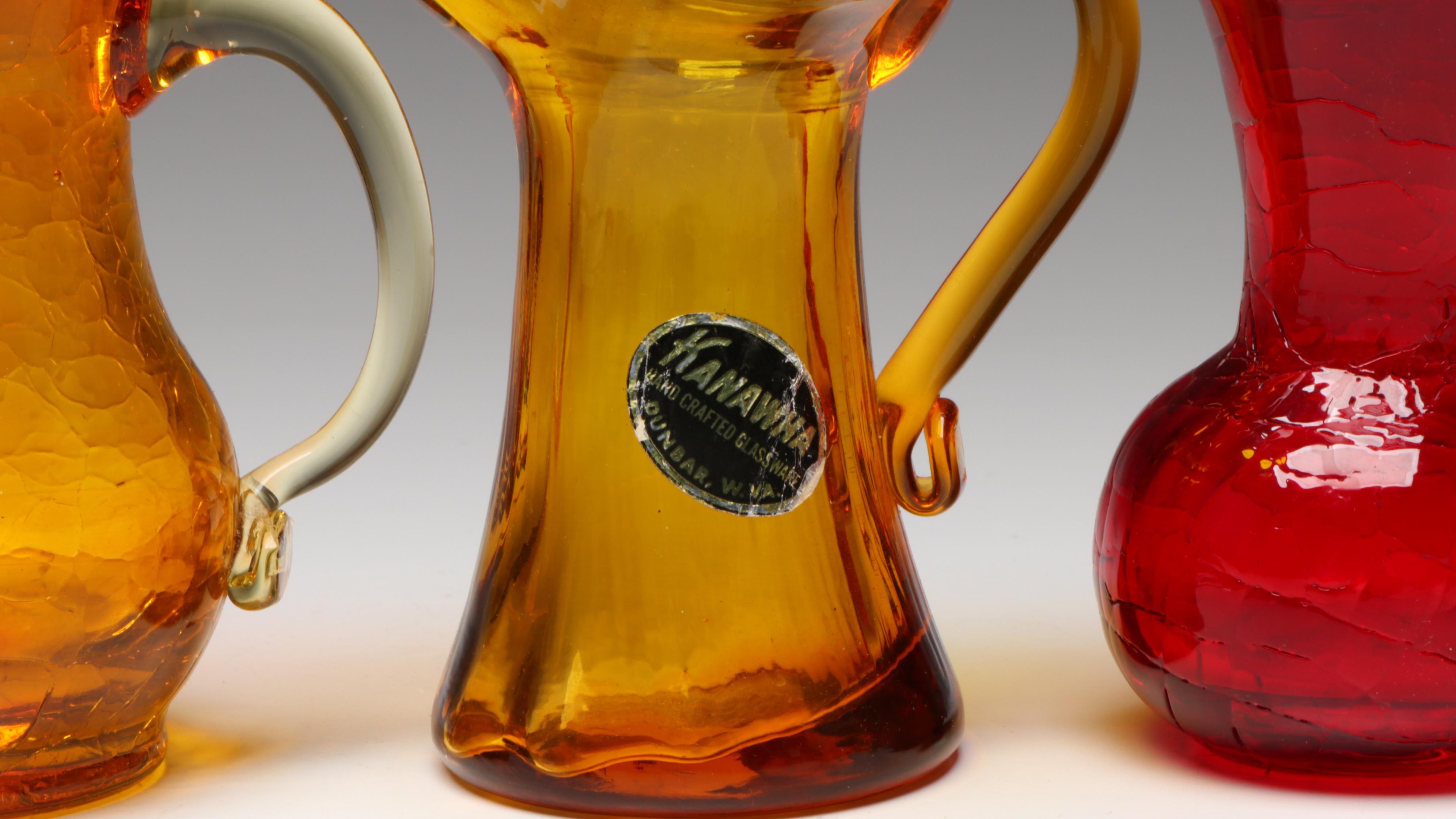 Pilgrim Crackle Glass Pitcher with Other Red and Amber Glass Decor