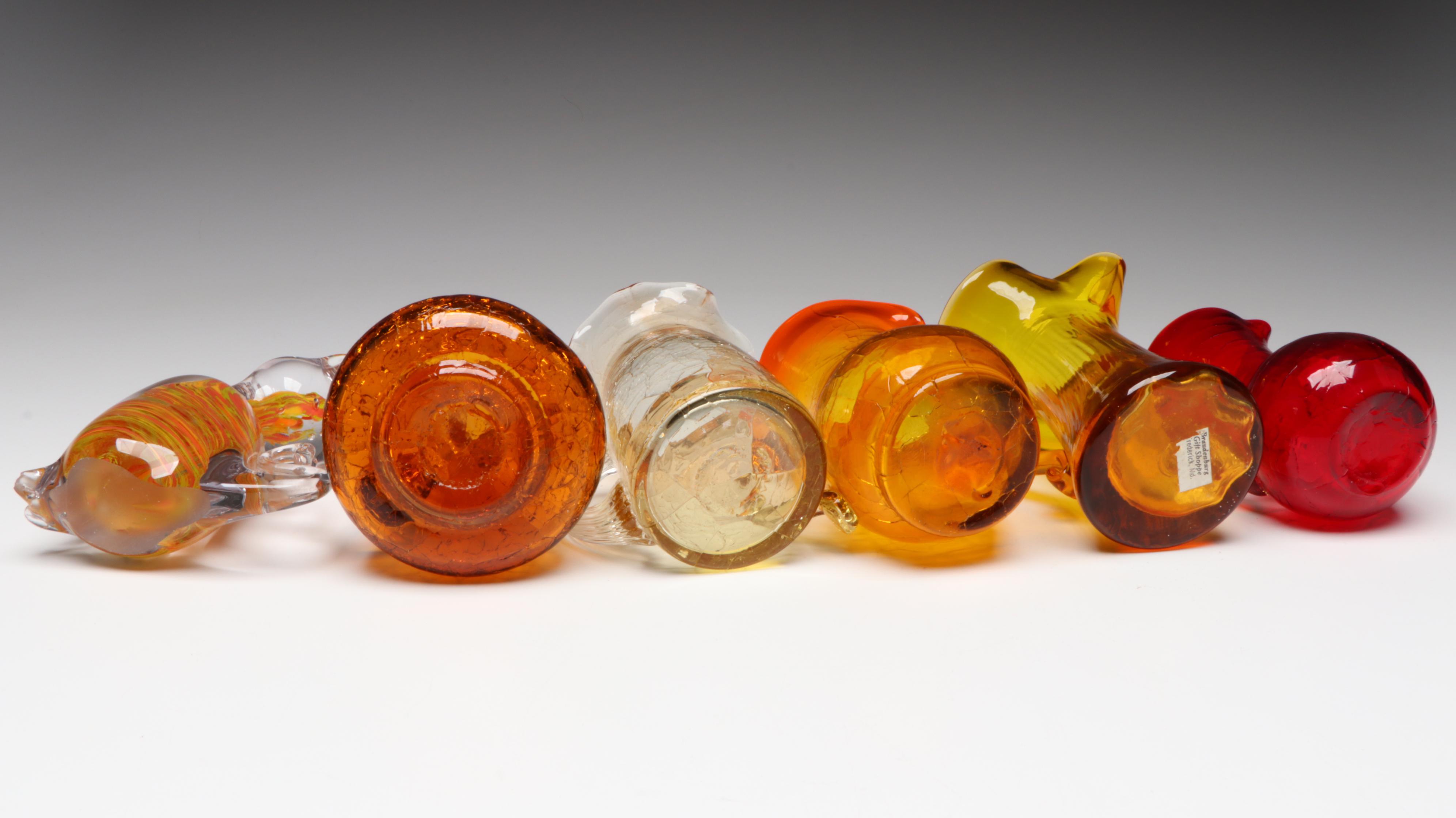 Pilgrim Crackle Glass Pitcher with Other Red and Amber Glass Decor