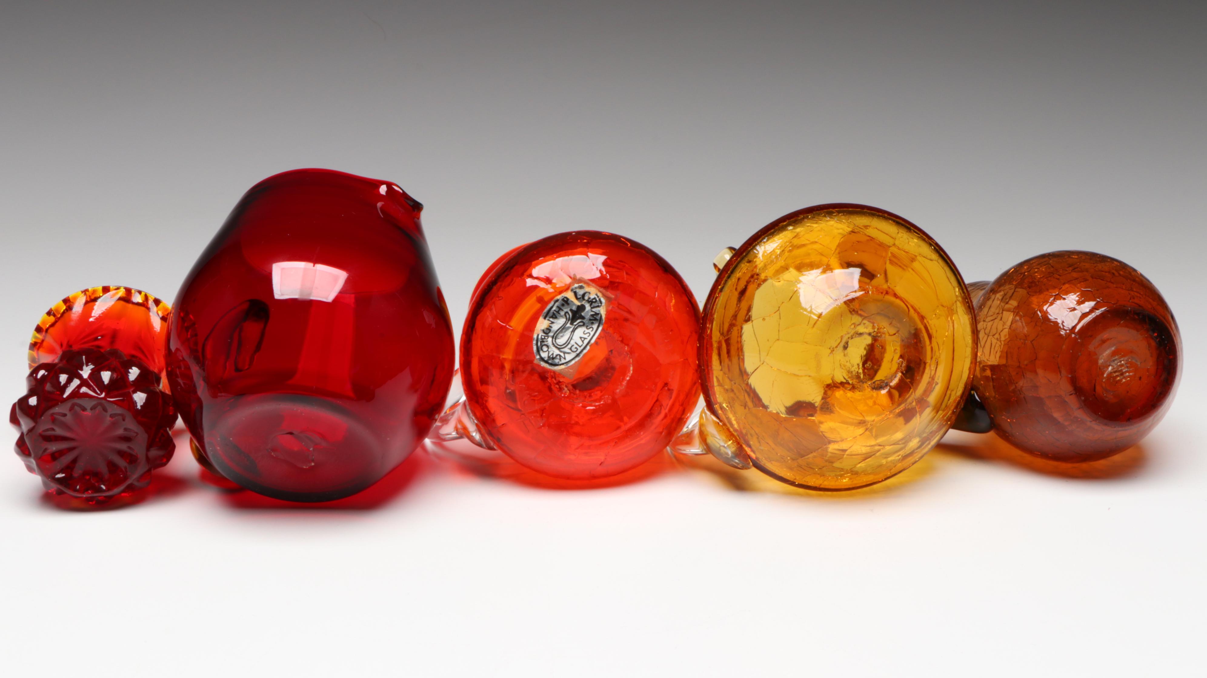 Pilgrim Crackle Glass Pitcher with Other Red and Amber Glass Decor